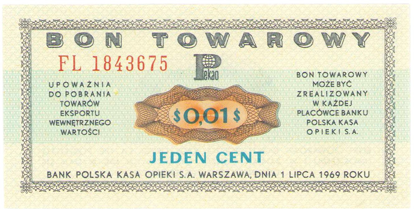 Bon towarowy PEKAO na 1 cent 1969 seria FL – PIĘKNY 