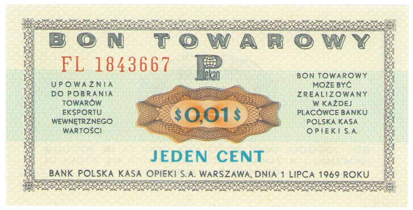 Bank PEKAO S.A. Bon na 1 cent 1969 seria FL