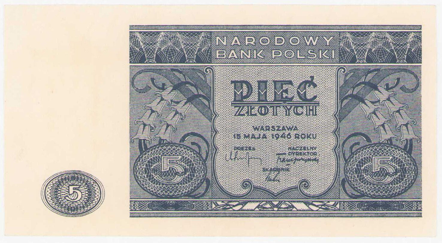 Banknot. 5 złotych 1946 - ŁADNY