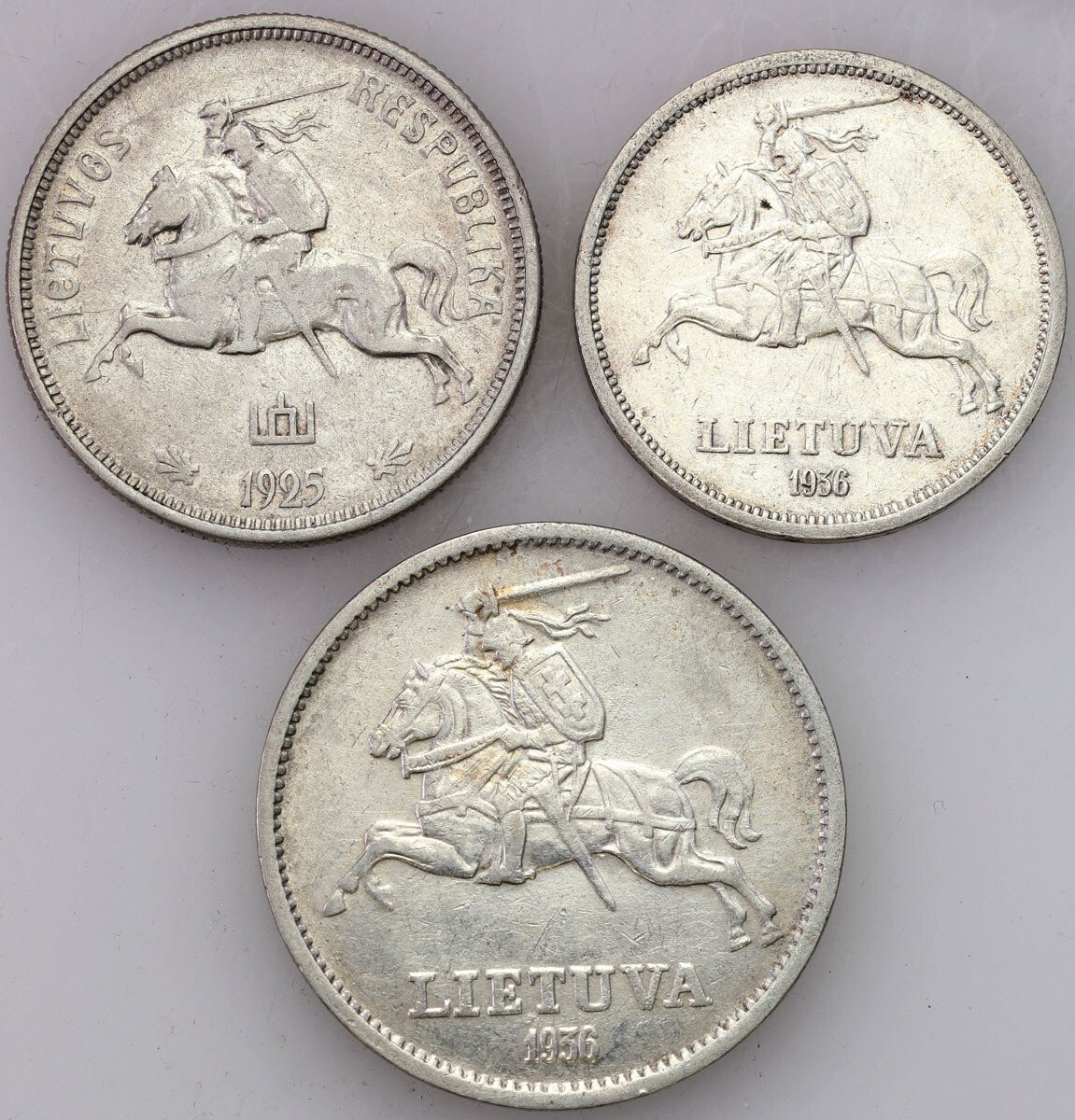 Litwa. 5 lati 1925, 1936, 10 litu 1936, zestaw 3 monet