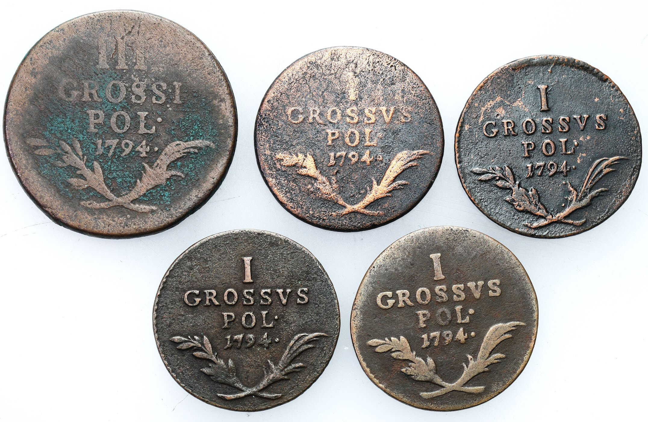 Polska, Zabór austriacki. Grosz i trojak 1794 dla Galicji, zestaw 5 monet