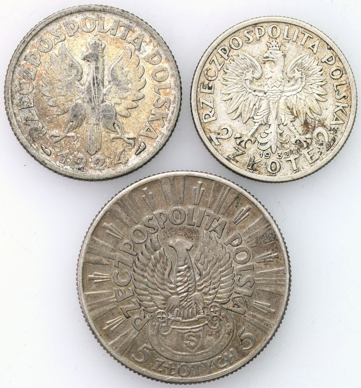 II RP. 1 złoty 1924 - Paryż, 2 złote 1932 i 5 złotych 1934 Piłsudski strzelecki