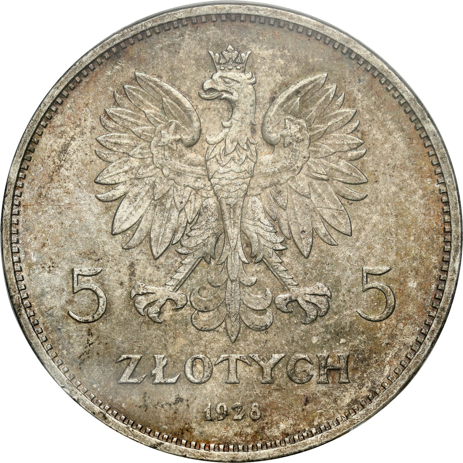 II RP. 5 złotych 1928 Nike (bez znaku) PCGS MS62 - PIĘKNA