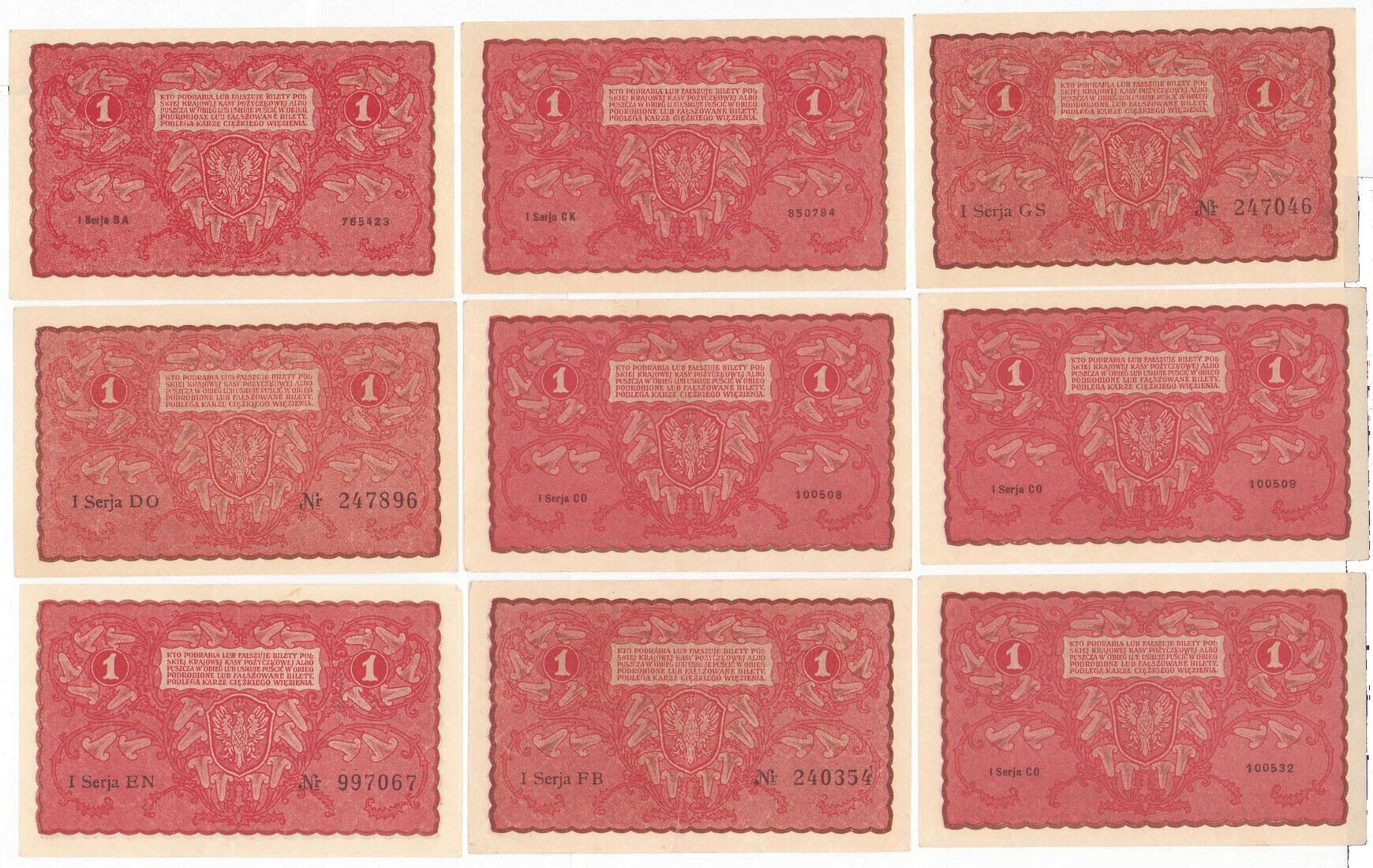 1 marka polska 1919, zestaw 9 banknotów