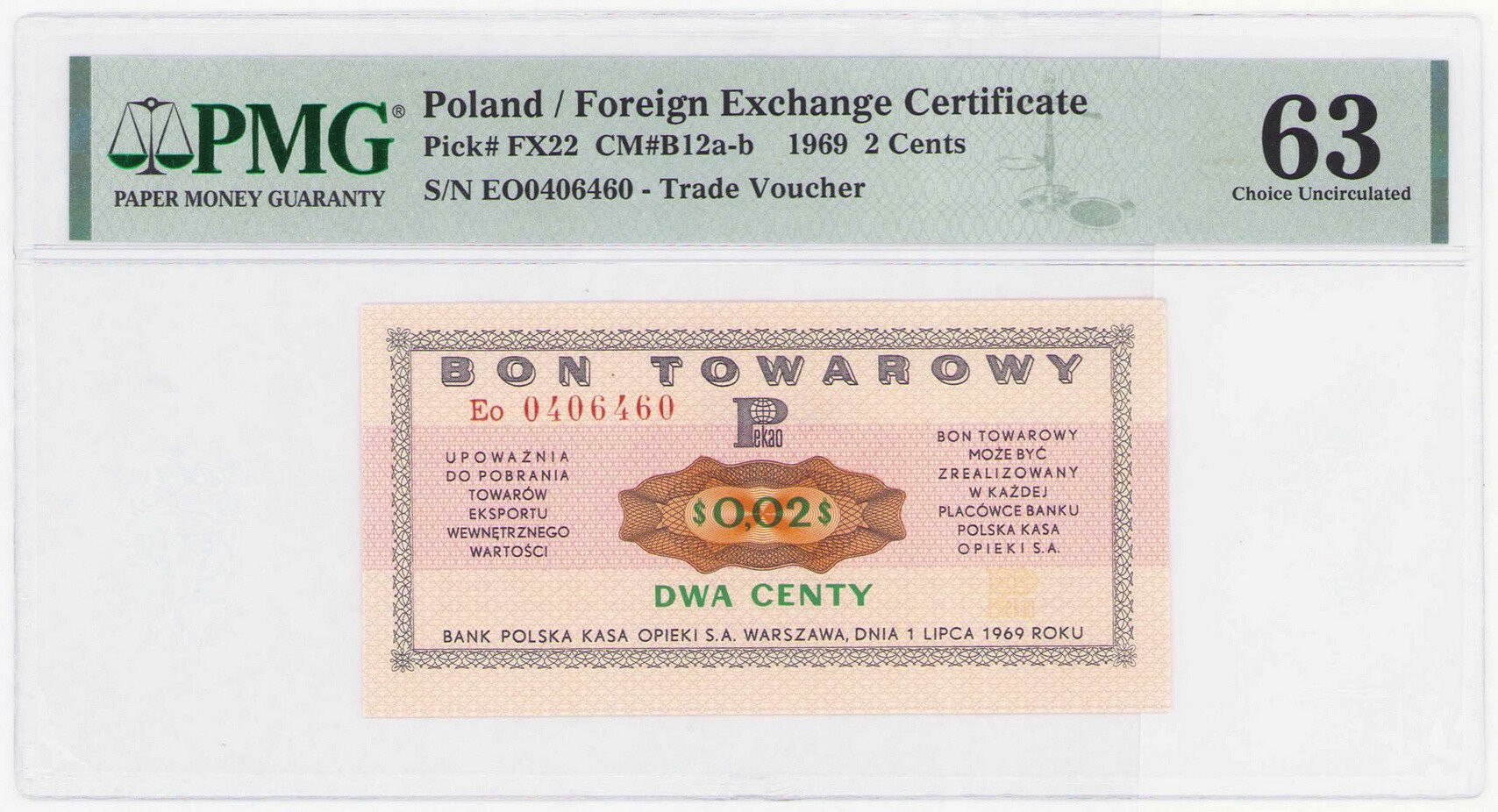 Bon towarowy PEKAO na 2 centy 1969 seria Eo  PMG 63 - PIĘKNY
