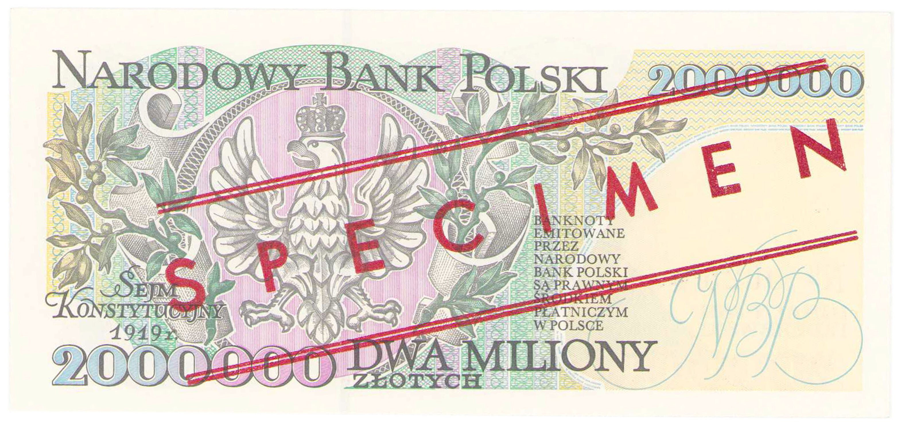 WZÓR / SPECIMEN. 2.000.000 złotych 1993 seria A - Nr 0025