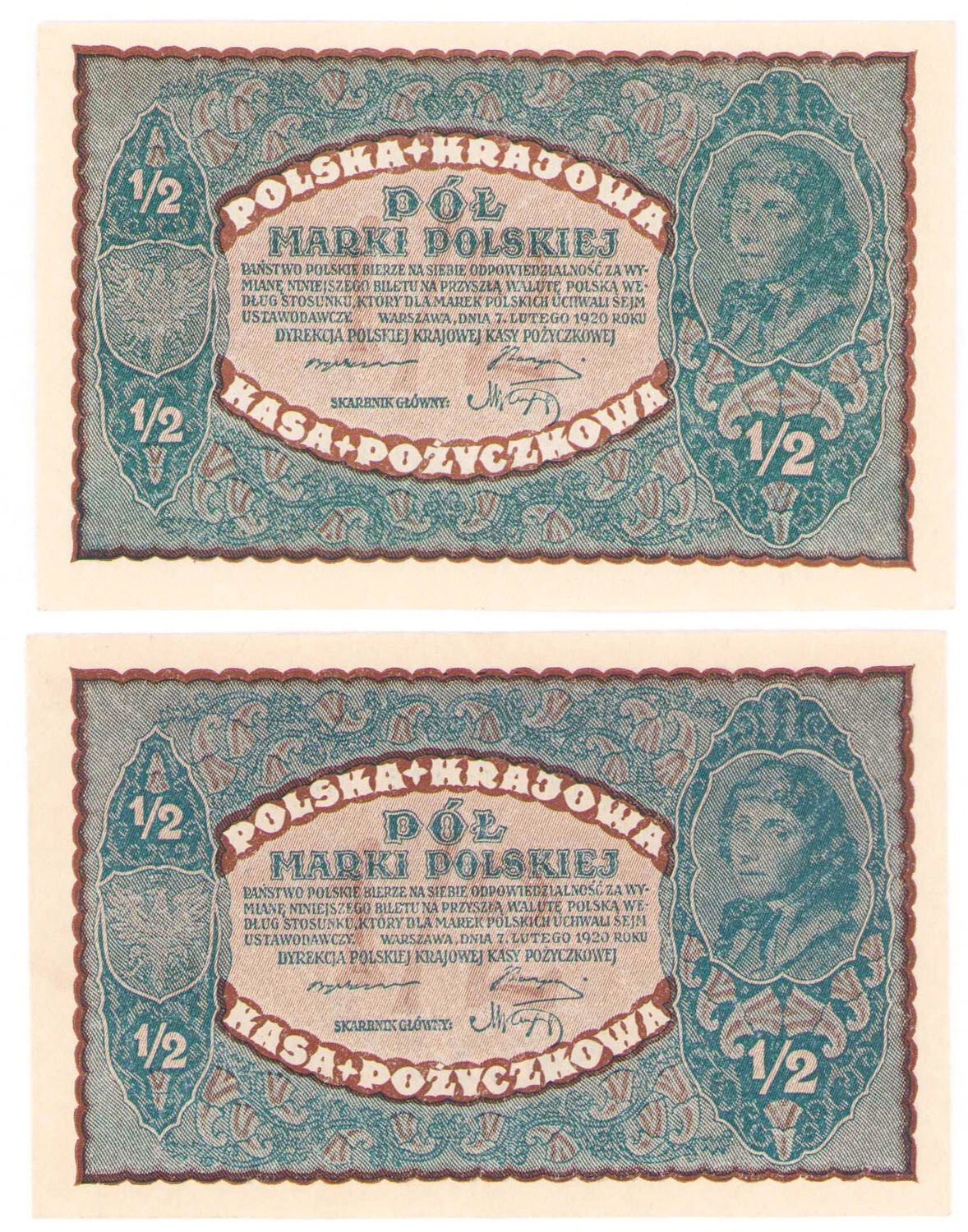 1/2 marki polskiej 1920, zestaw 2 banknotów