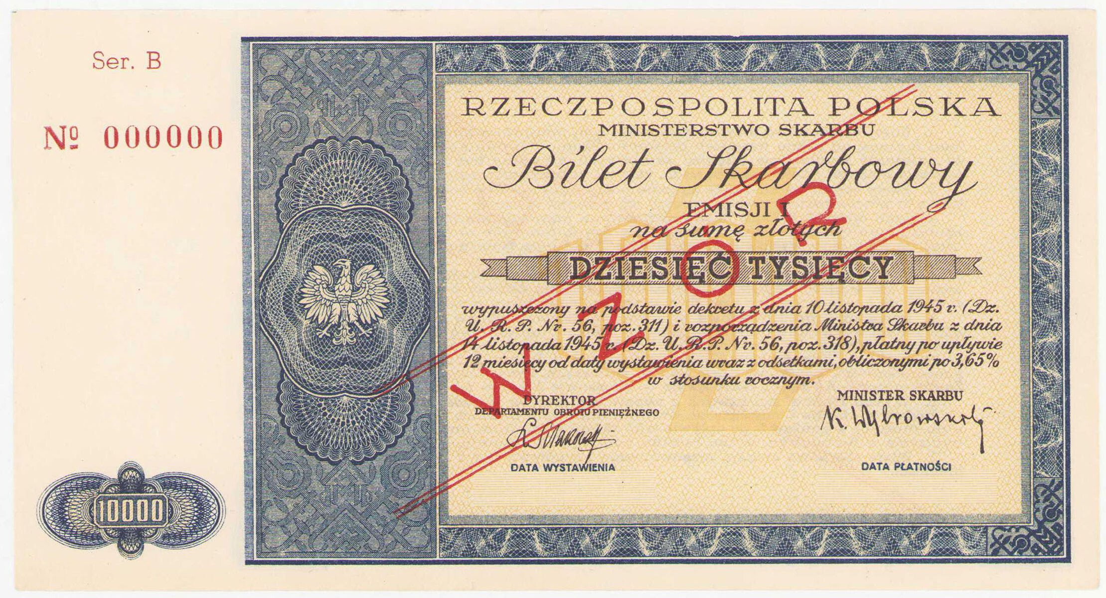 Bilet Skarbowy. WZÓR 10.000 złotych emisja 1945 seria B – RZADKOŚĆ R8
