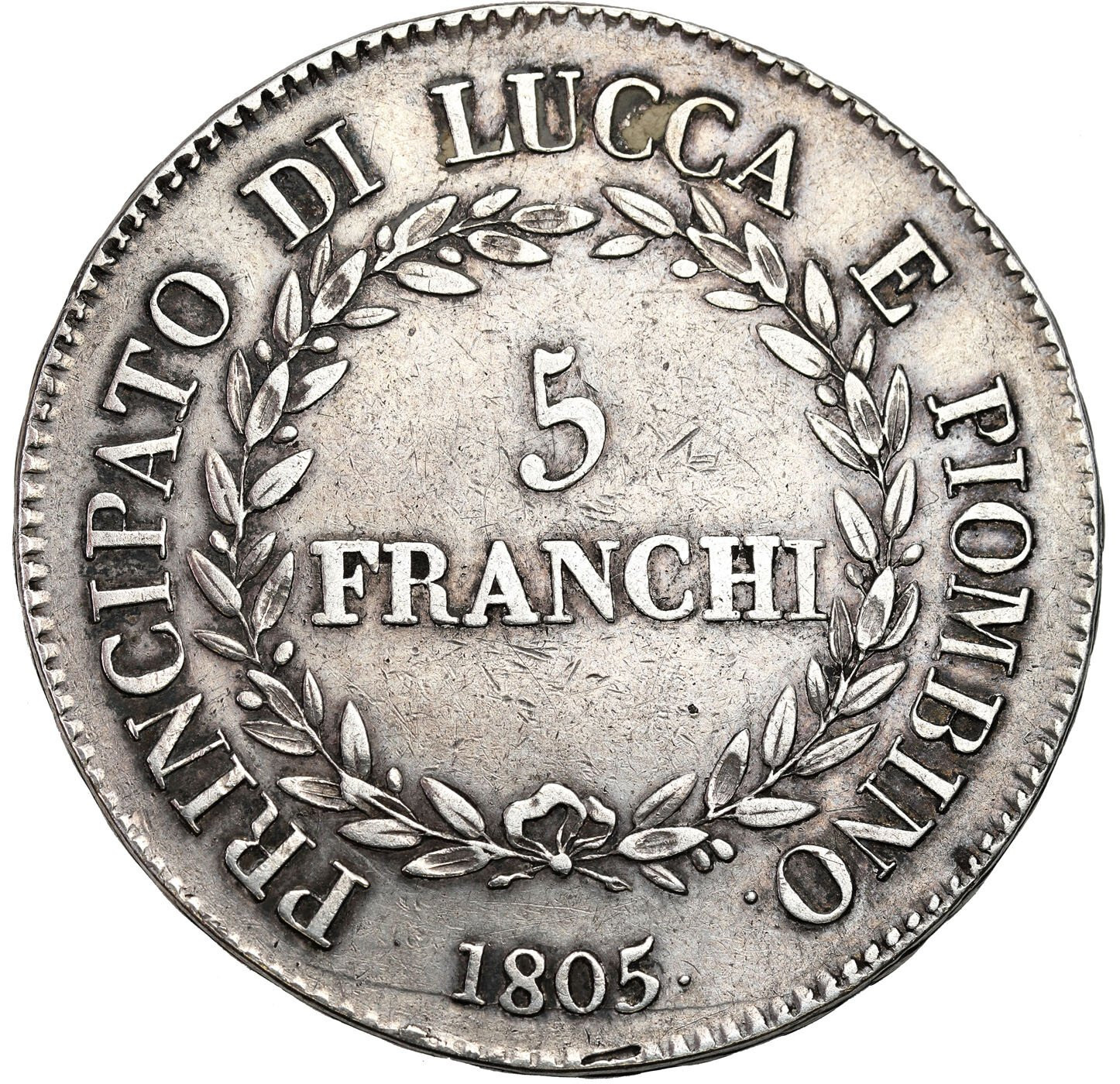 Włochy. Feliks Baiocchi i Eliza Bonaparte (1805-1814). 5 franchi 1805, Florencja – RZADKIE