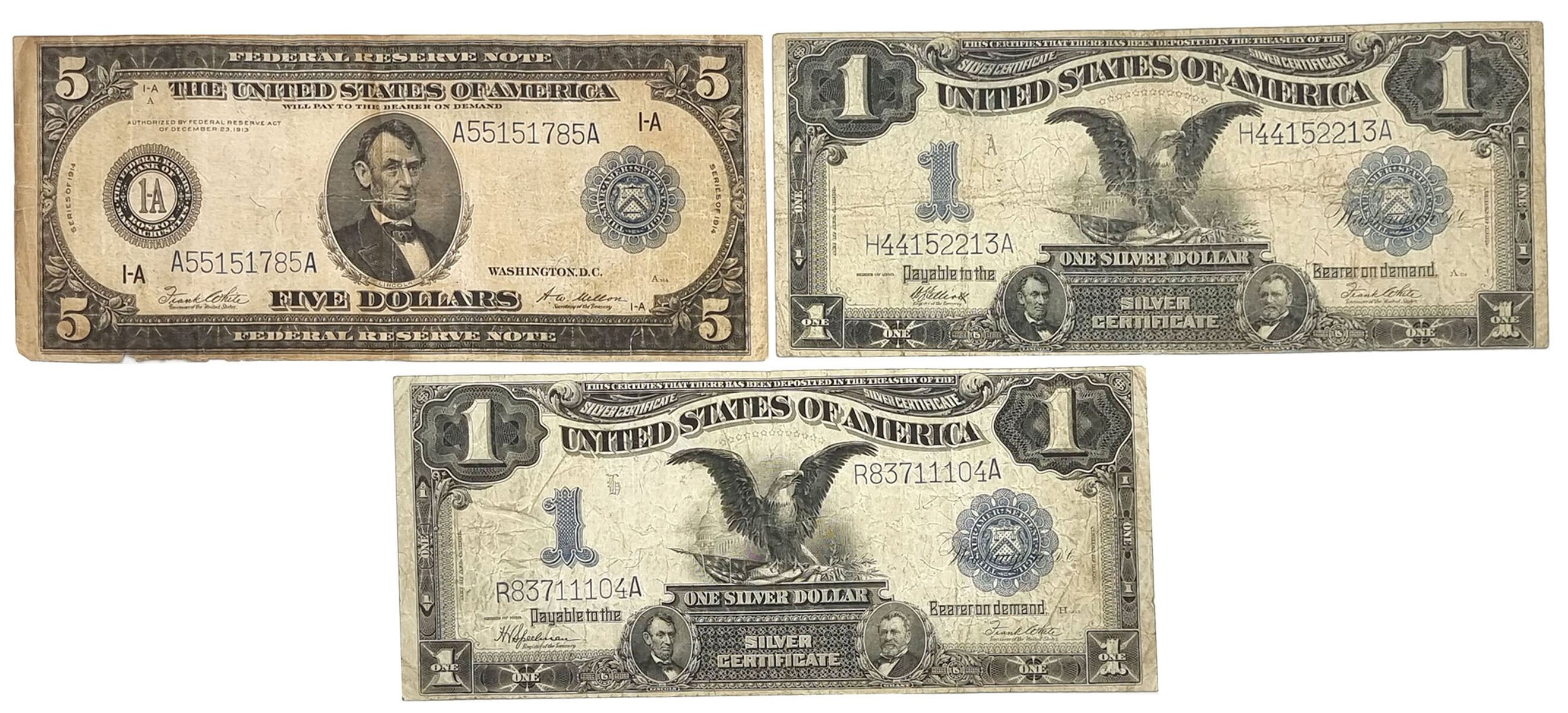 USA. Dolar 1899 x 2 i 5 dolarów 1914, zestaw 3 sztuk