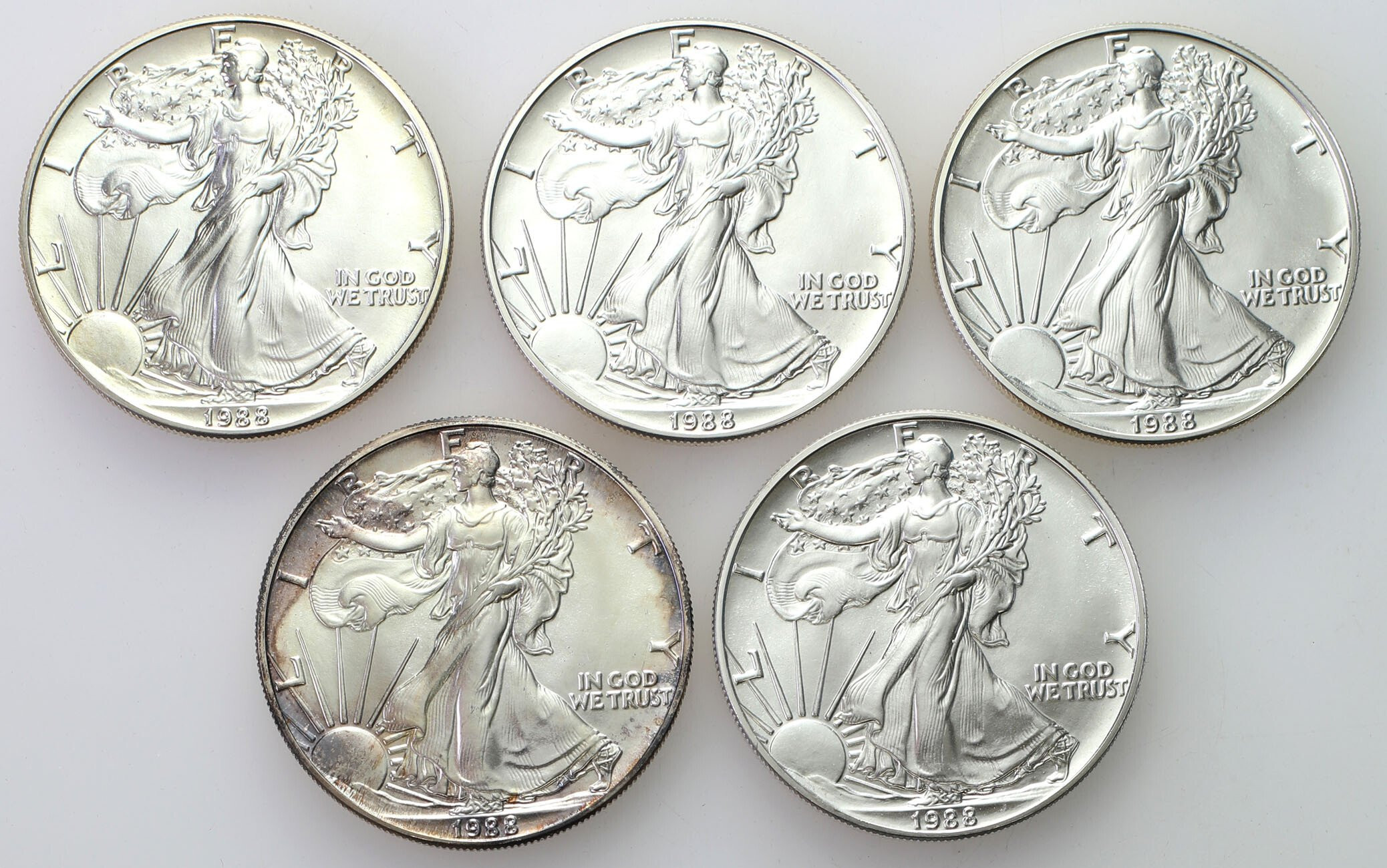 USA. 1 dolar 1988 Amerykański Srebrny Orzeł, zestaw 5 sztuk