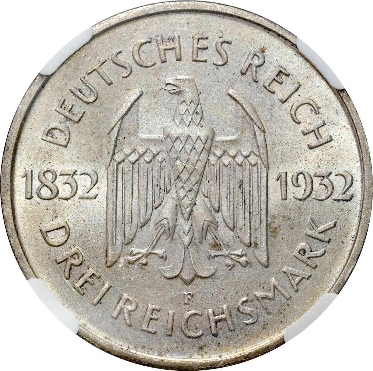 Niemcy, Weimar. 3 Marki 1932 Goethe F, Stuttgart NGC MS64 - PIĘKNE