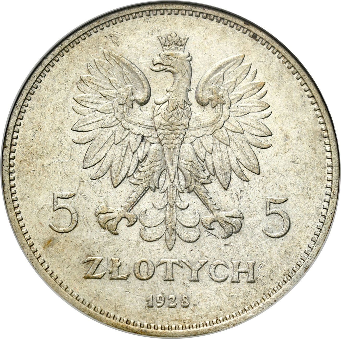 II RP. 5 złotych 1928 Nike bez znaku - ŁADNE