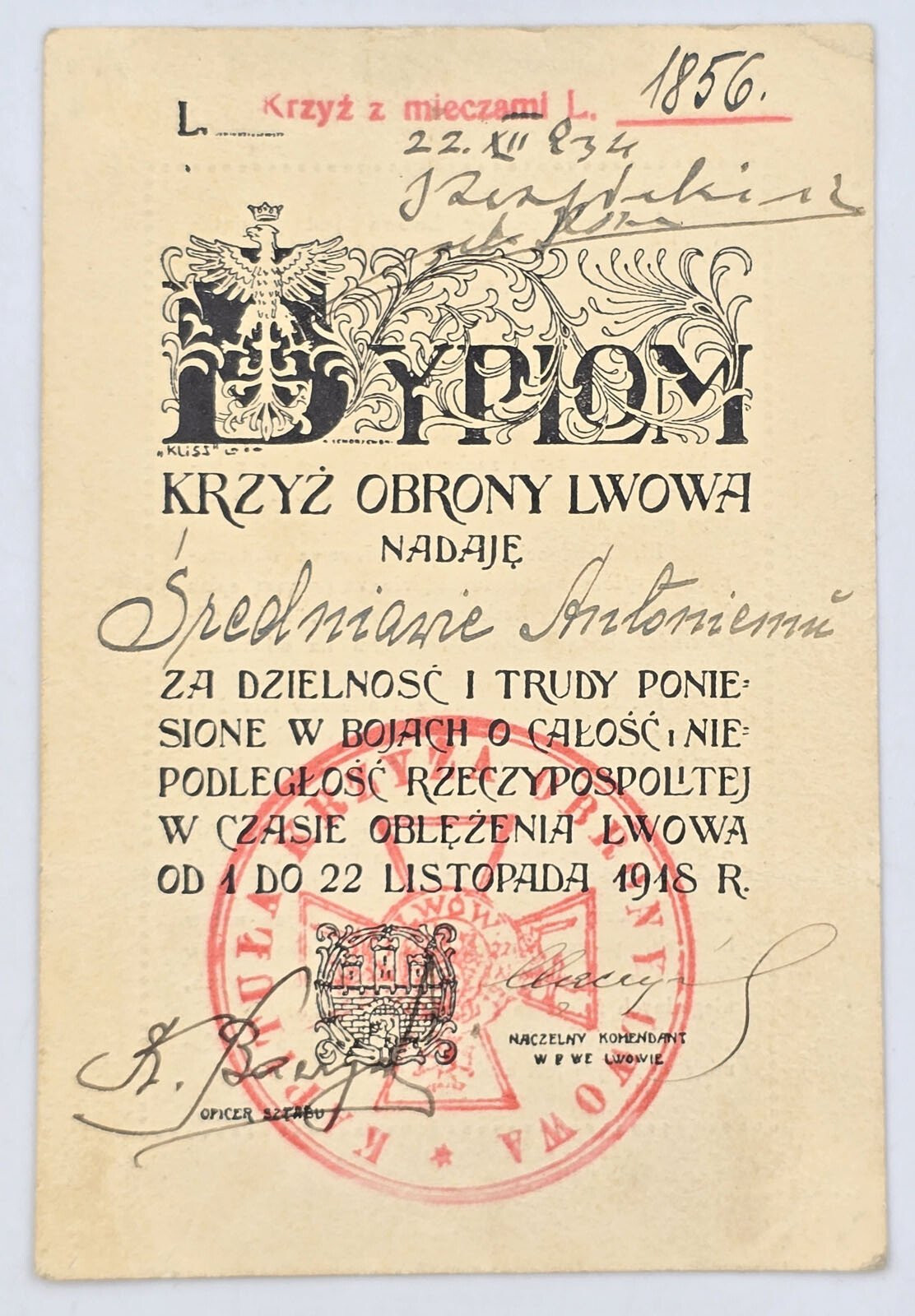 II RP. Dyplom Krzyż Obrony Lwowa z Mieczami