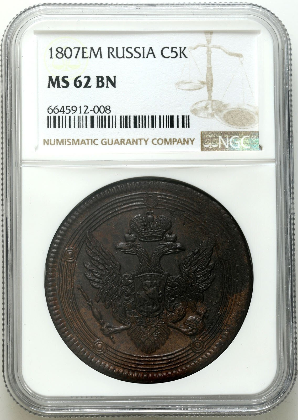 Rosja. Aleksander I.  5 kopiejek 1807 EM, Jakaterinburg NGC MS62 BN ( 2 MAX) - PIĘKNE