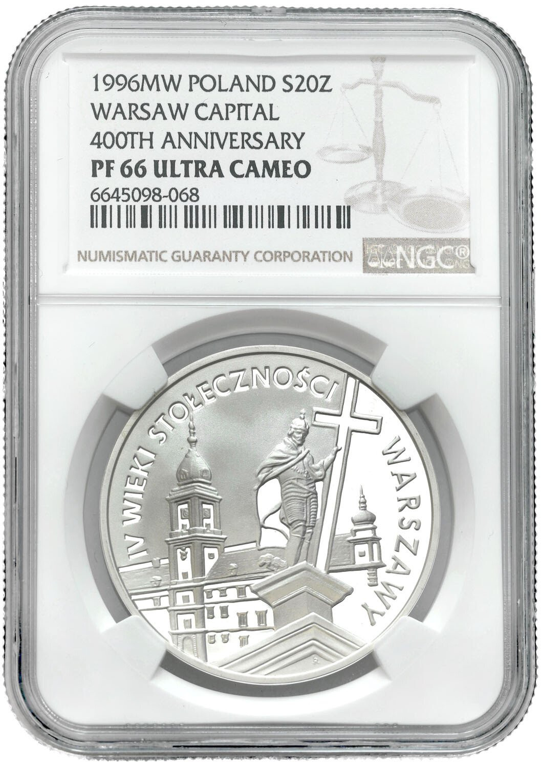 III RP. 20 złotych 1996 IV wieki stołeczności Warszawy NGC PF66 ULTRA CAMEO