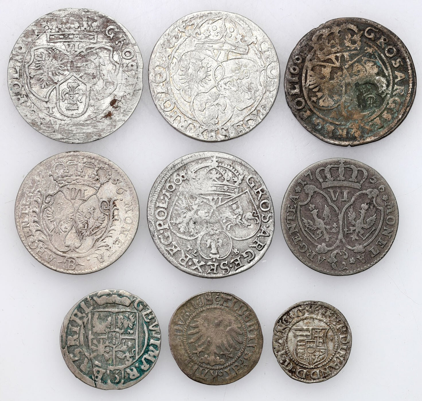 Polska, Niemcy, Węgry. Zestaw monet srebrnych 1536–1756, 9 sztuk