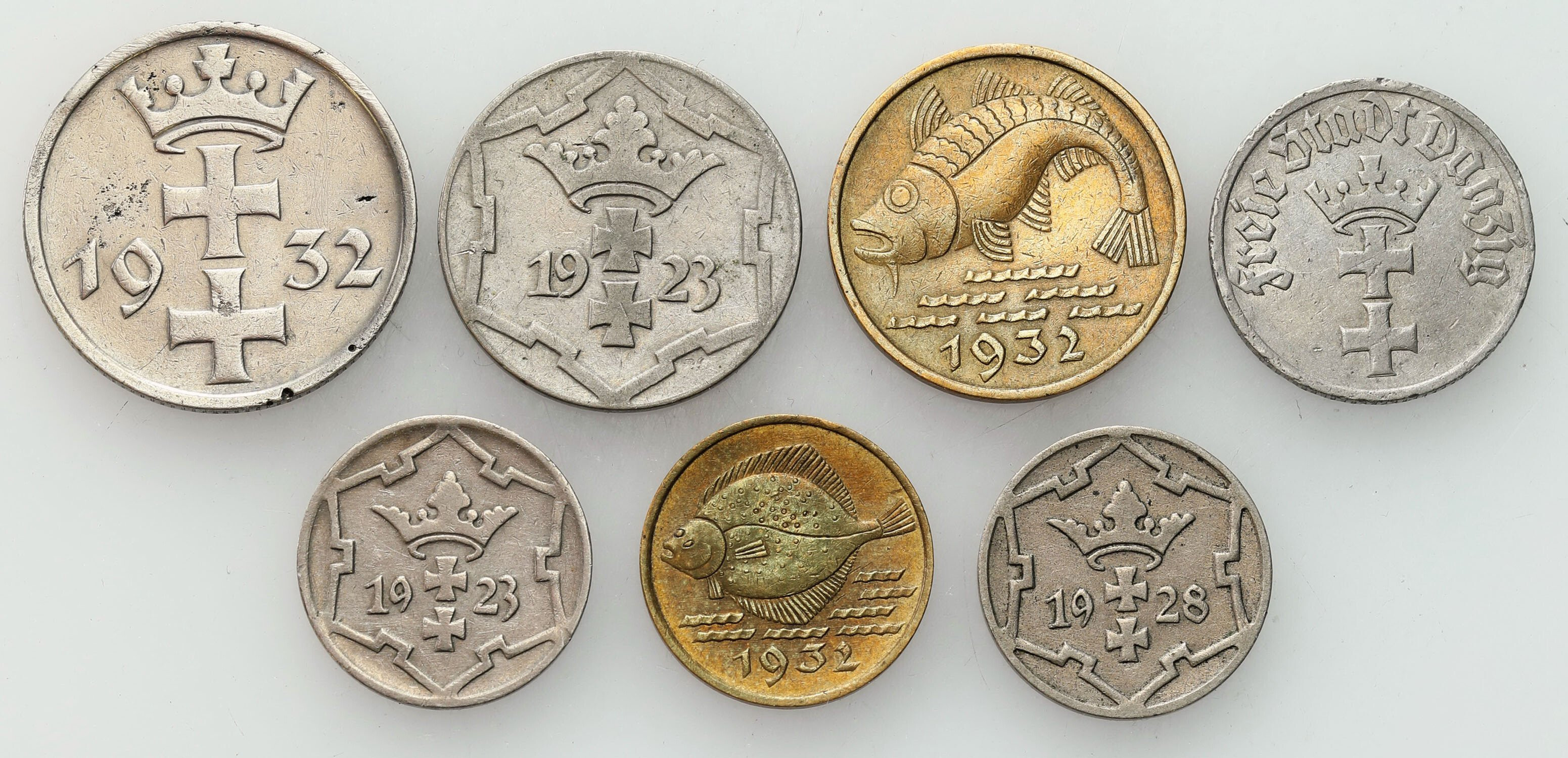 Wolne Miasto Gdańsk/Danzig. 5-10 fenigów, 1/2-1 guldena 1923-1932, zestaw 7 sztuk