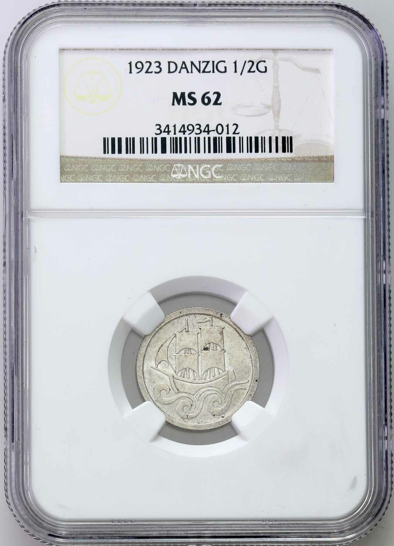 Wolne Miasto Gdańsk. 1/2 Guldena 1923 NGC MS62 - PIĘKNE