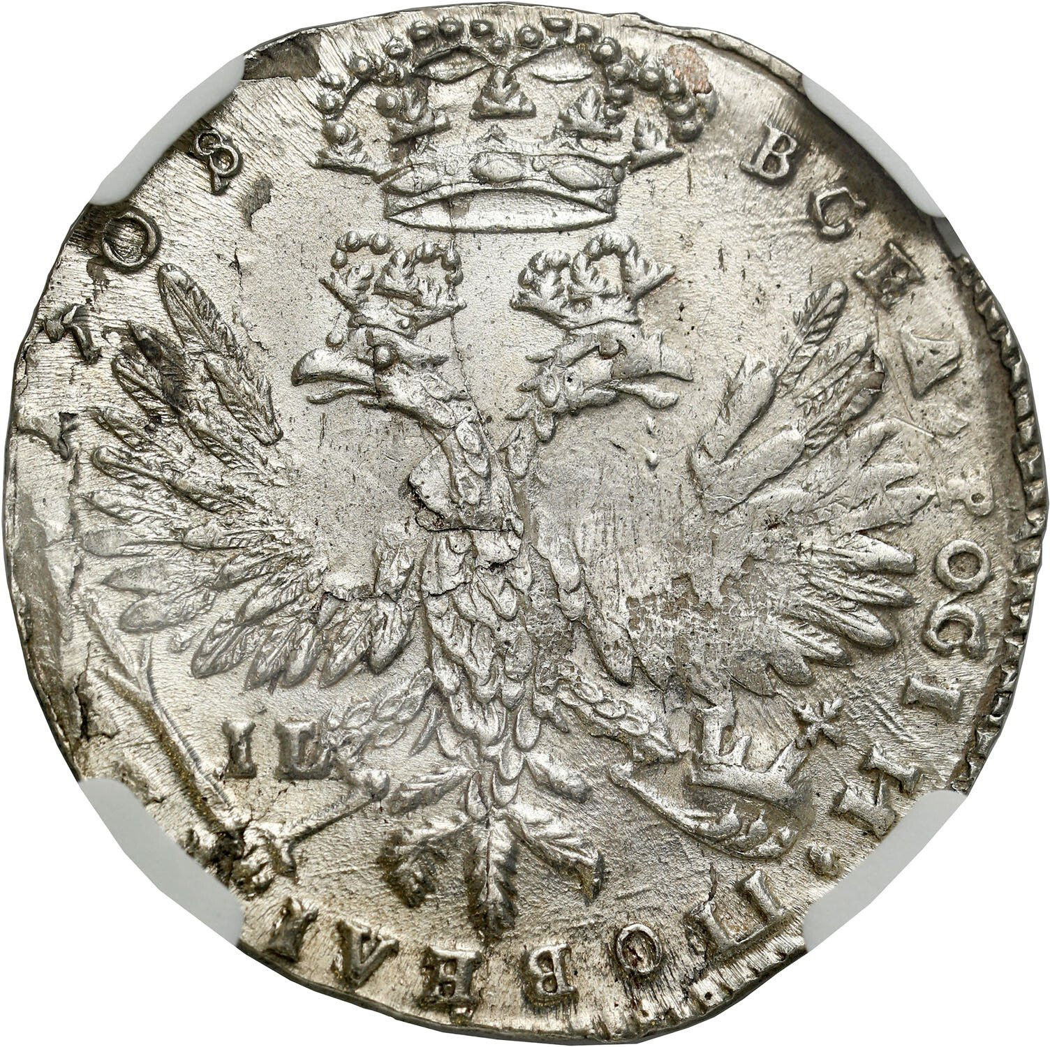 Rosja, Piotr I. Tynf (tymf) 1708 przebitka z 1707 IL-L, NGC MS65 (MAX) -  RZADKOŚĆ
