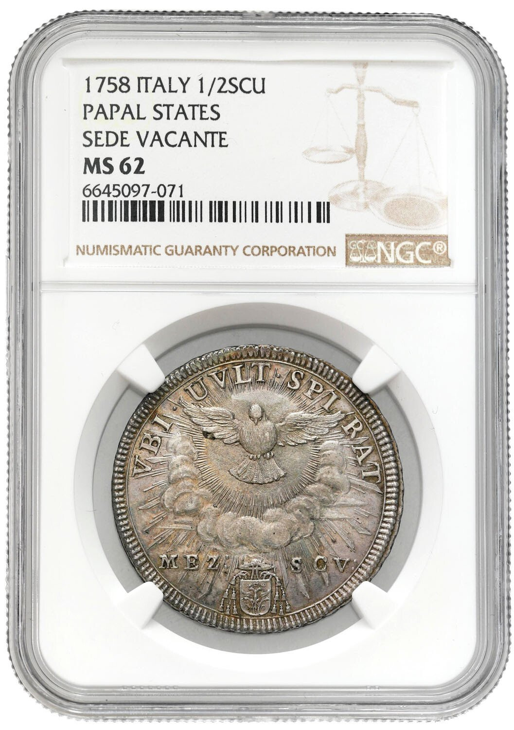 Włochy i Watykan. Sede Vacante. 1/2 scudo 1758, Rzym NGC MS62 (2 MAX) - RZADKOŚĆ