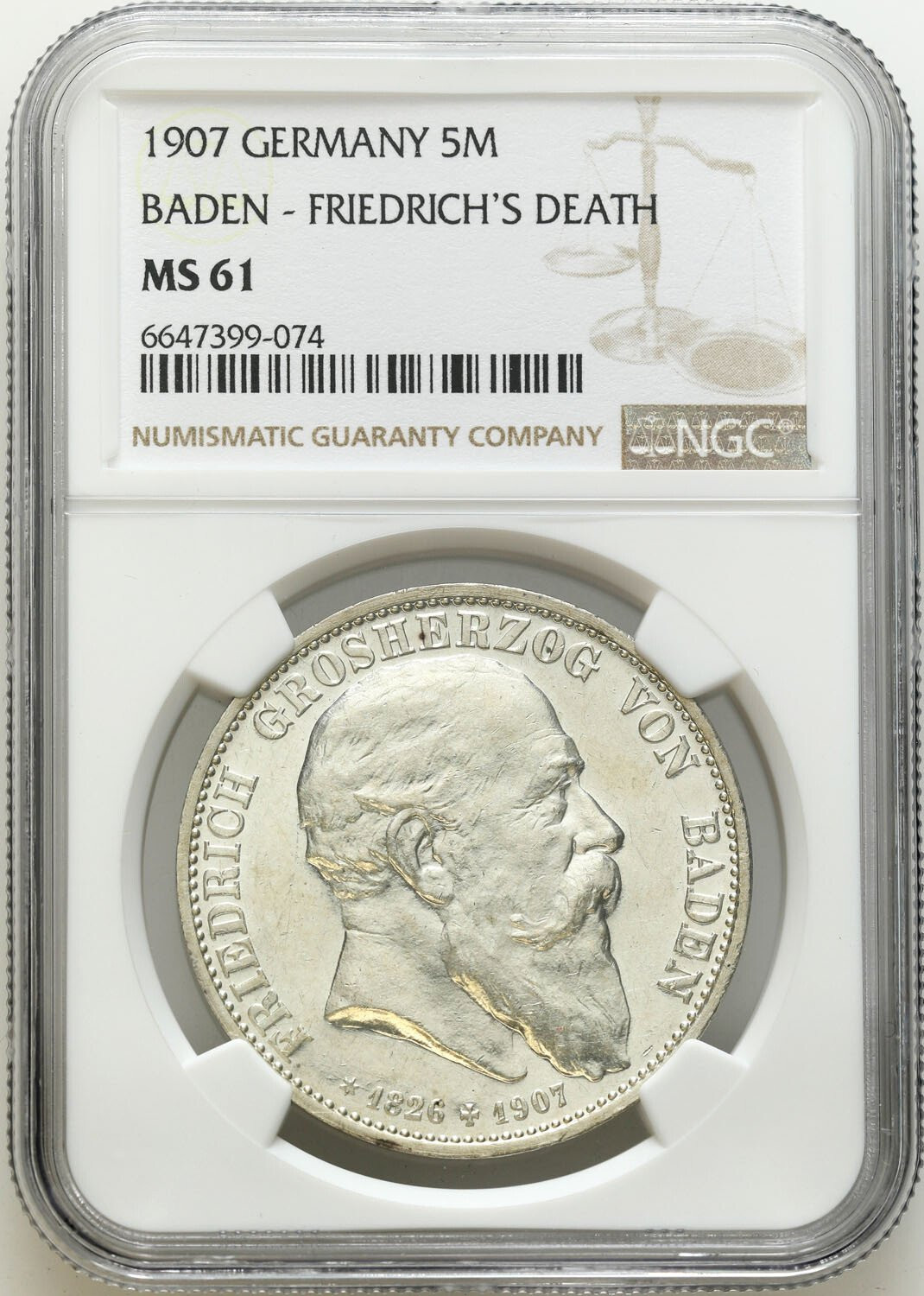 Niemcy, Badenia. Fryderyk I (1856–1907). 5 marek 1907, Karlsruhe NGC MS61 - PIĘKNE