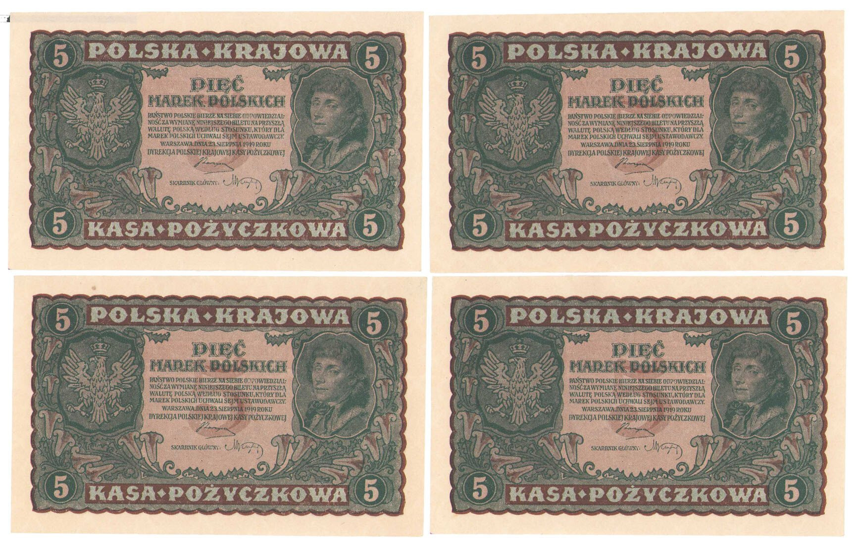 5 marek polskich 1919, zestaw 4 banknotów