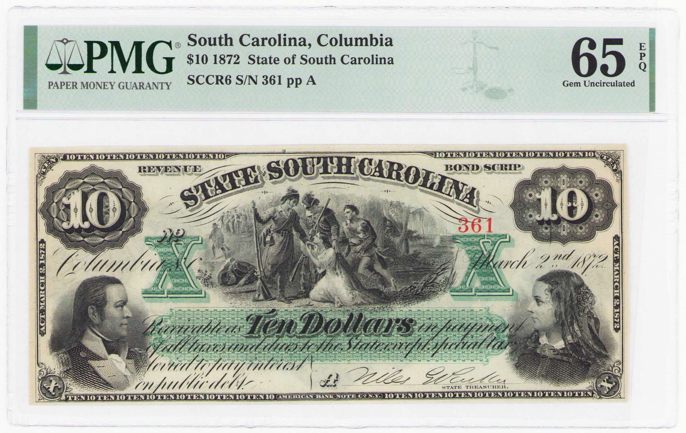 USA. South Carolina – Columbia, 10 dolarów 1872 PMG 65 EPQ  - RZADKI