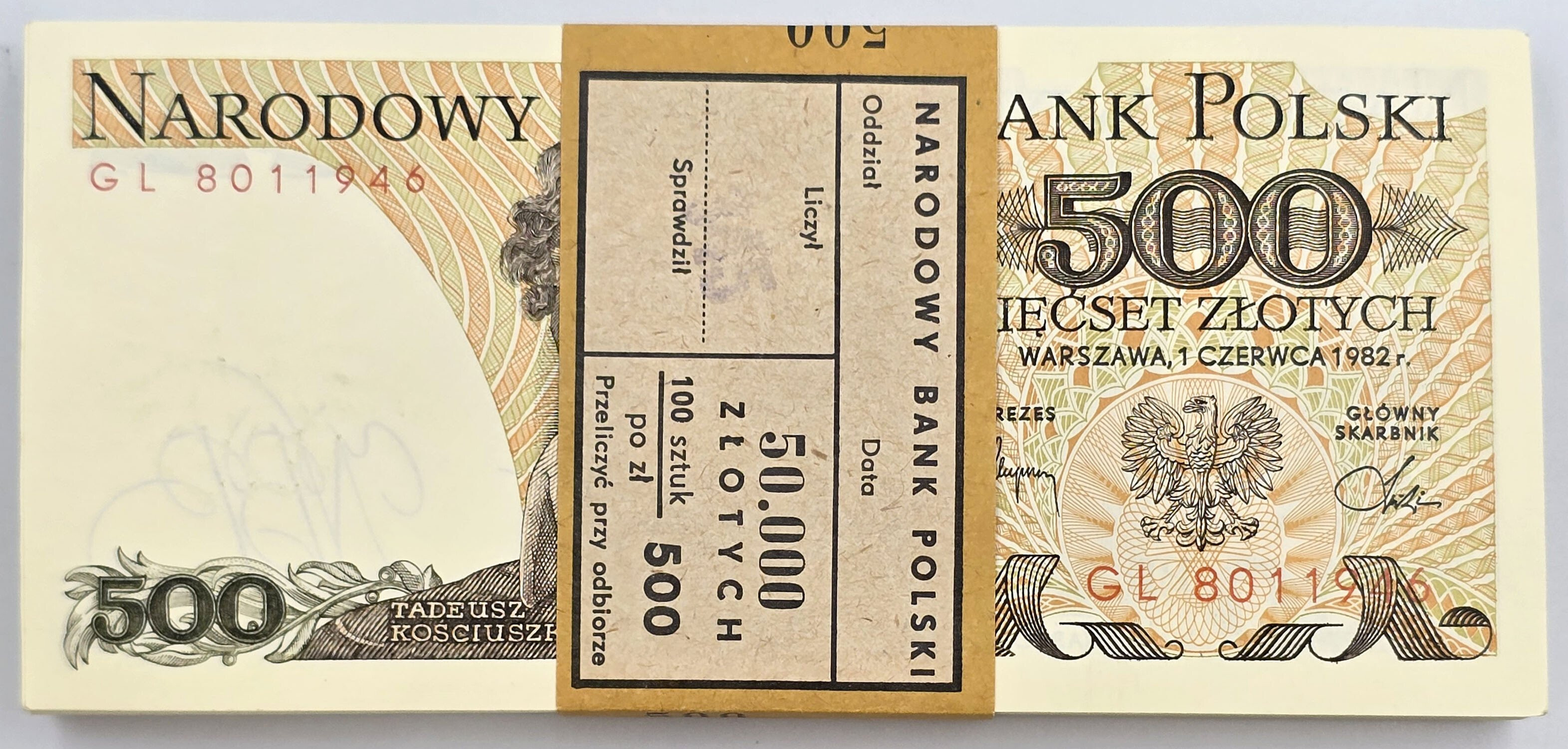 PRL. 500 złotych 1982 seria GL, zestaw 100 sztuk - PACZKA BANKOWA