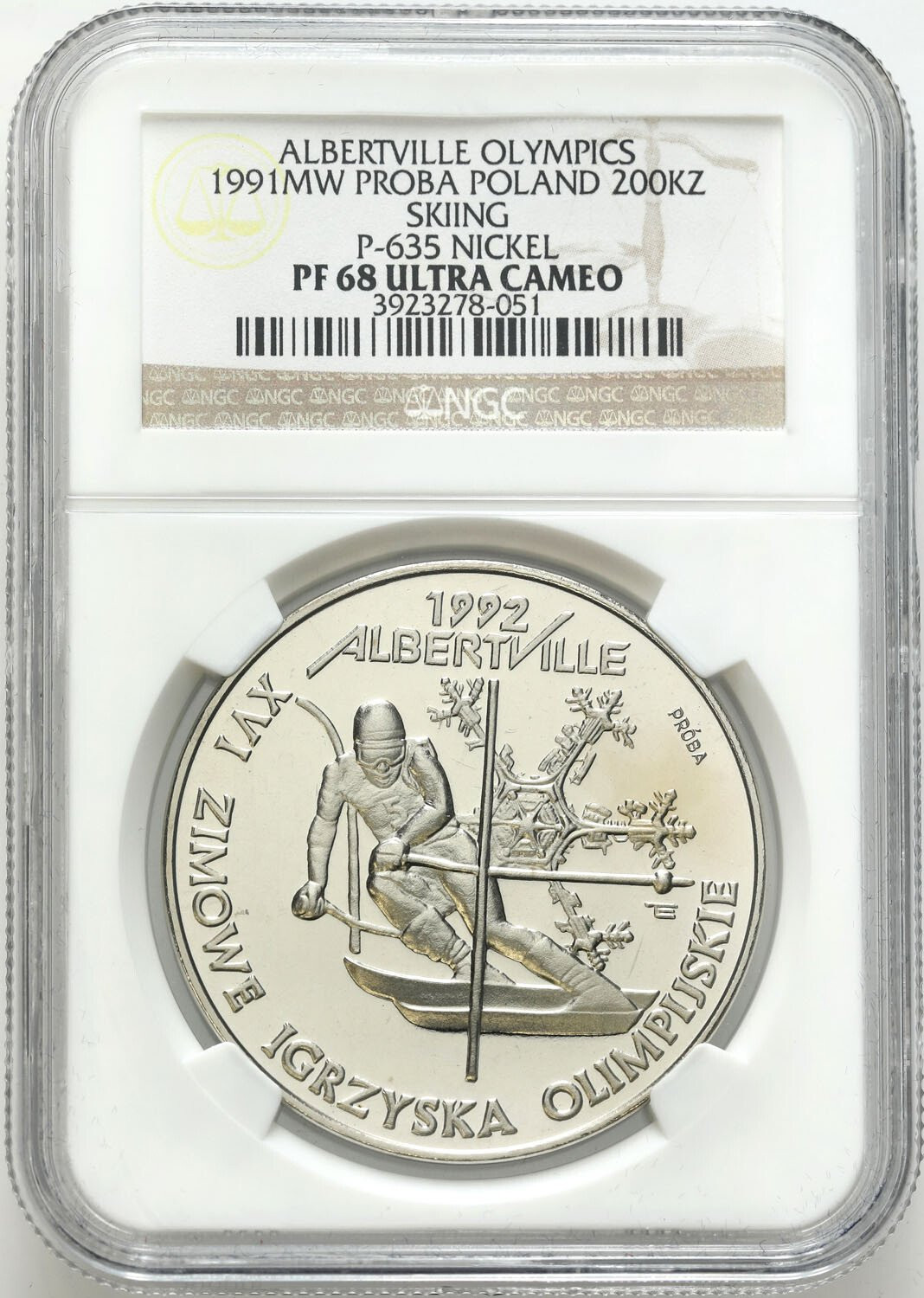 III RP. PRÓBA Nikiel 200.000 złotych 1991 XVI Zimowe Igrzyska Olimpijskie - Albertville 1992 NGC PF68 ULTRA CAMEO (2 MAX) - WSPANIAŁE