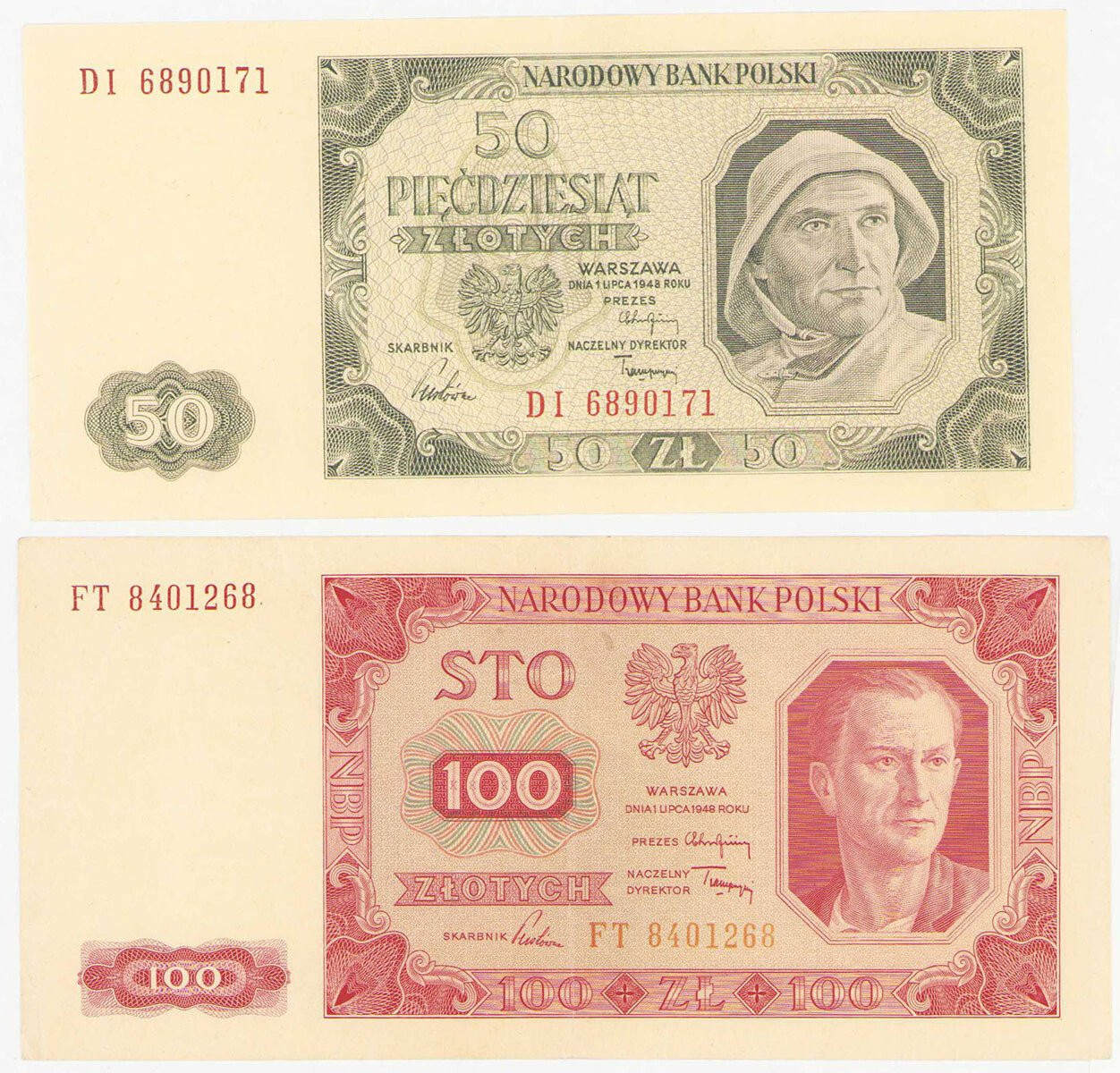 Banknoty 50 złotych seria DI 1948 i 100 złotych seria FT, zestaw 2 sztuk