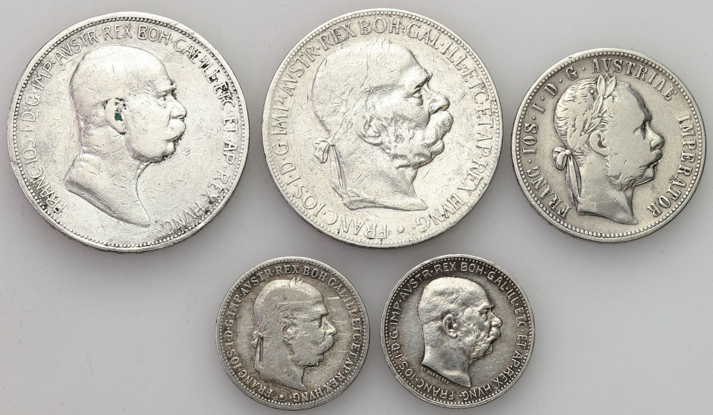 Austria. 1 - 5 koron, floren 1897-1914, Wiedeń, zestaw 5 monet
