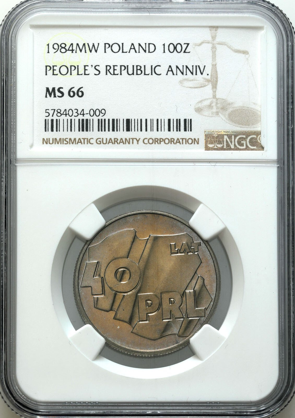 PRL. 100 złotych 1984 - 40 lat PRL  NGC MS66