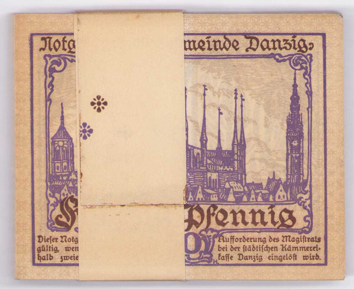 Gdańsk - Notgeld. 50 fenigów 1919, zestaw 100 sztuk - PACZKA BANKOWA - RZADKOŚĆ