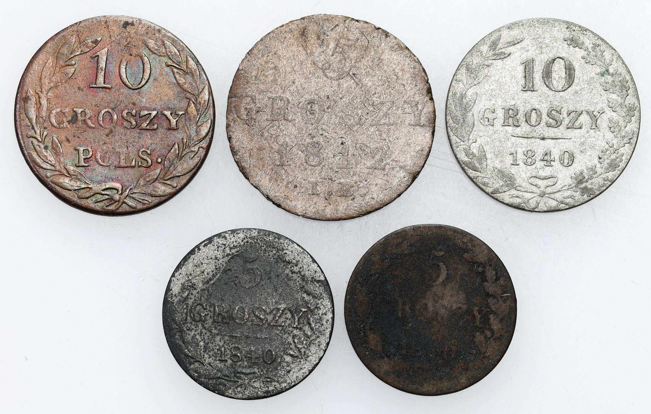 Księstwo Warszawskie i Królestwo Kongresowe. 5 – 10 groszy 1812 – 1840, zestaw 5 monet