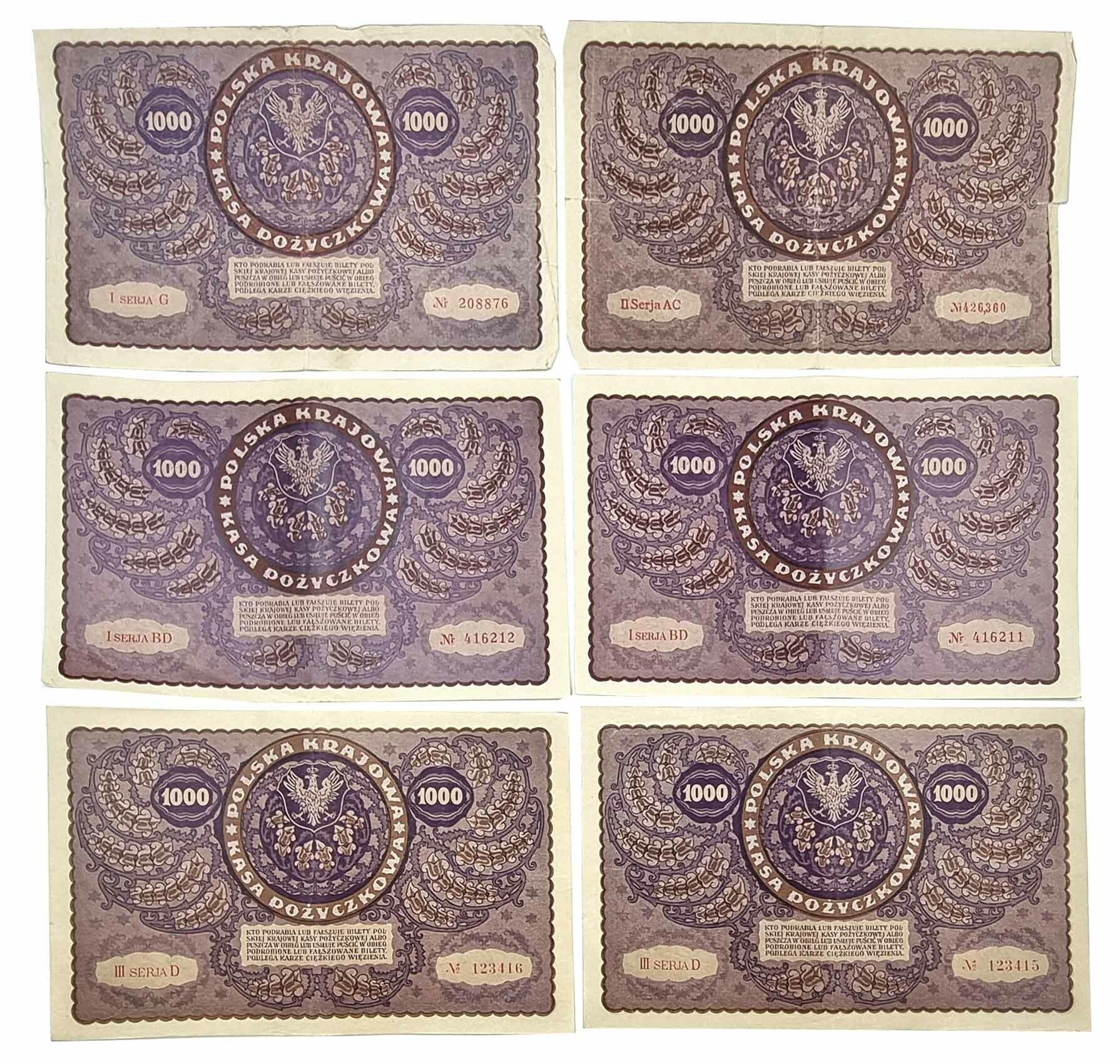 1.000 marek polskich 1919, różne serie, zestaw 6 banknotów