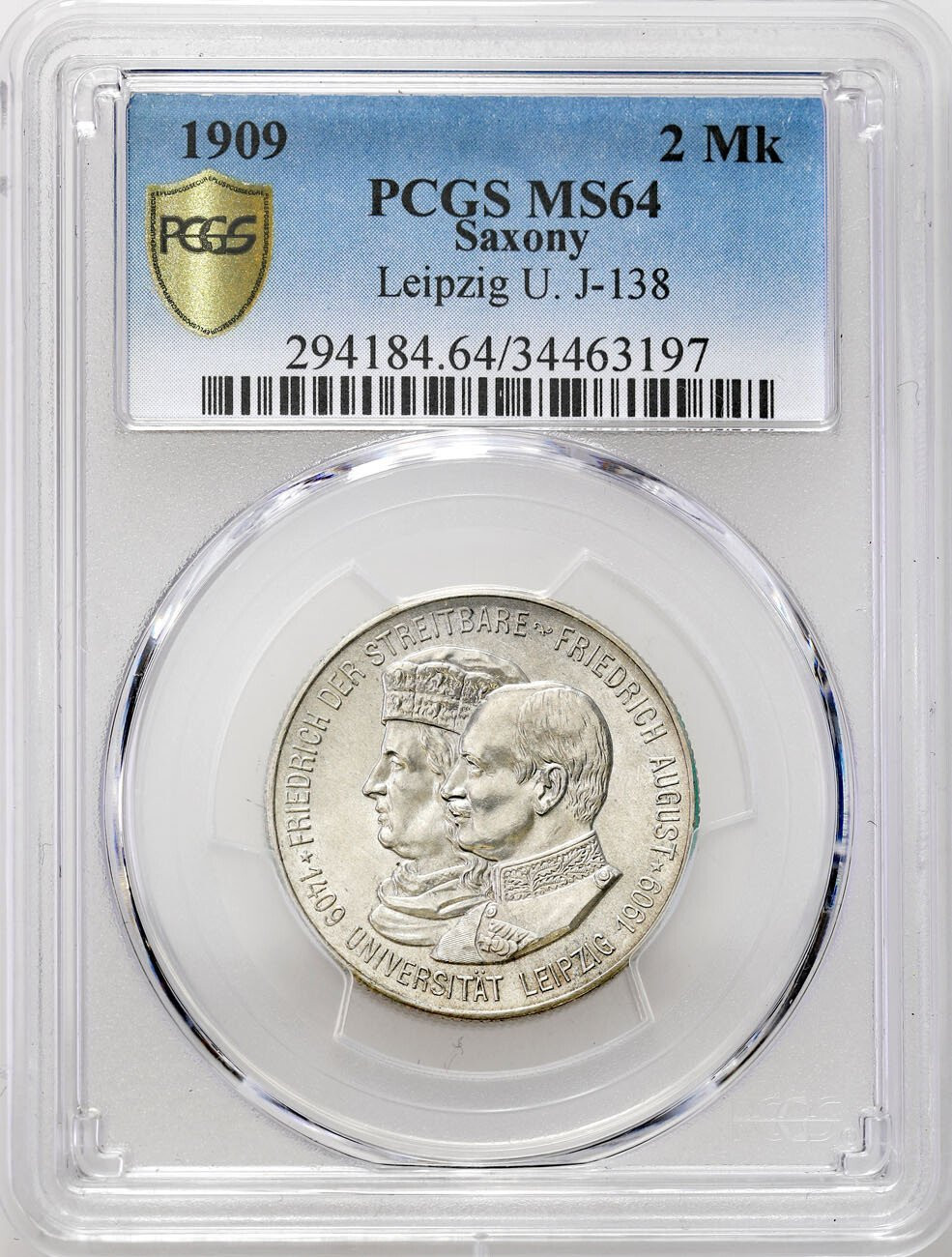 Niemcy, Saksonia. 2 marki 1909 Uni. Leipzig, Muldenhütten PCGS MS64 - PIĘKNE