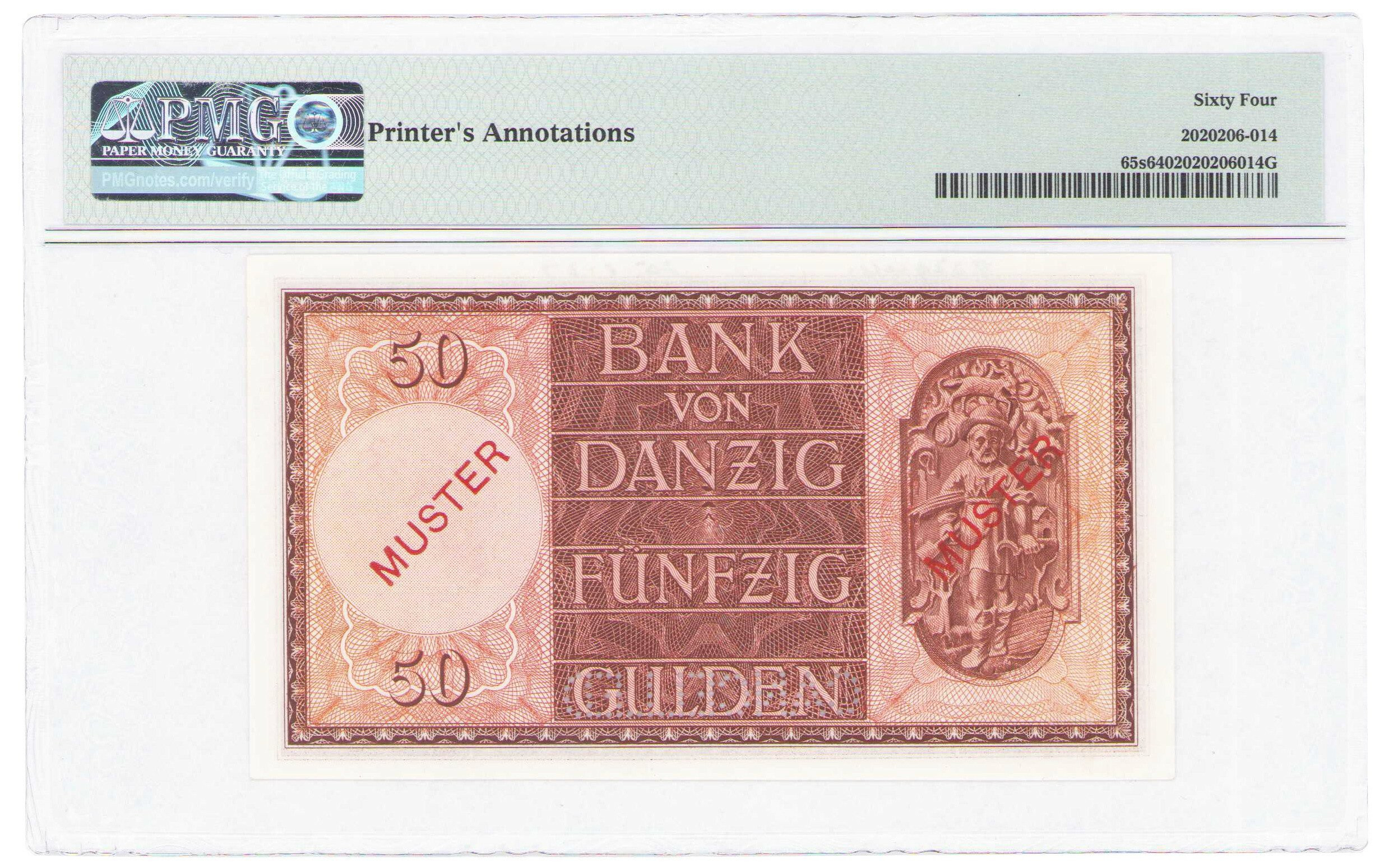 Wolne Miasto Gdańsk. MUSTER/SPECIMEN. 50 guldenów 1937 seria H, PMG 64