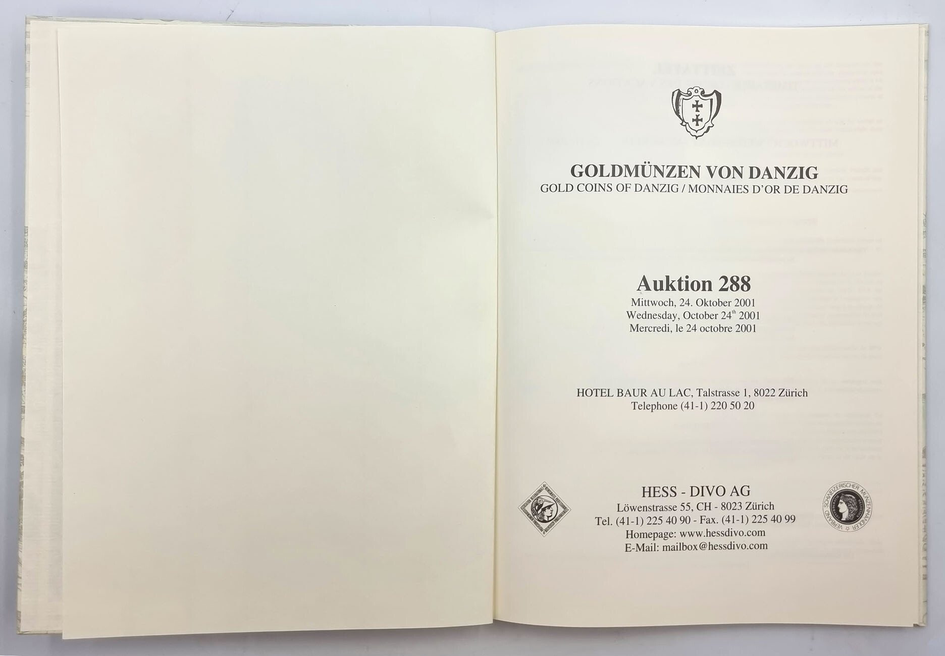Katalog Aukcyjny. Złote monety z Gdańska - Hess-Divo AG, aukcja 288 - 2001 rok
