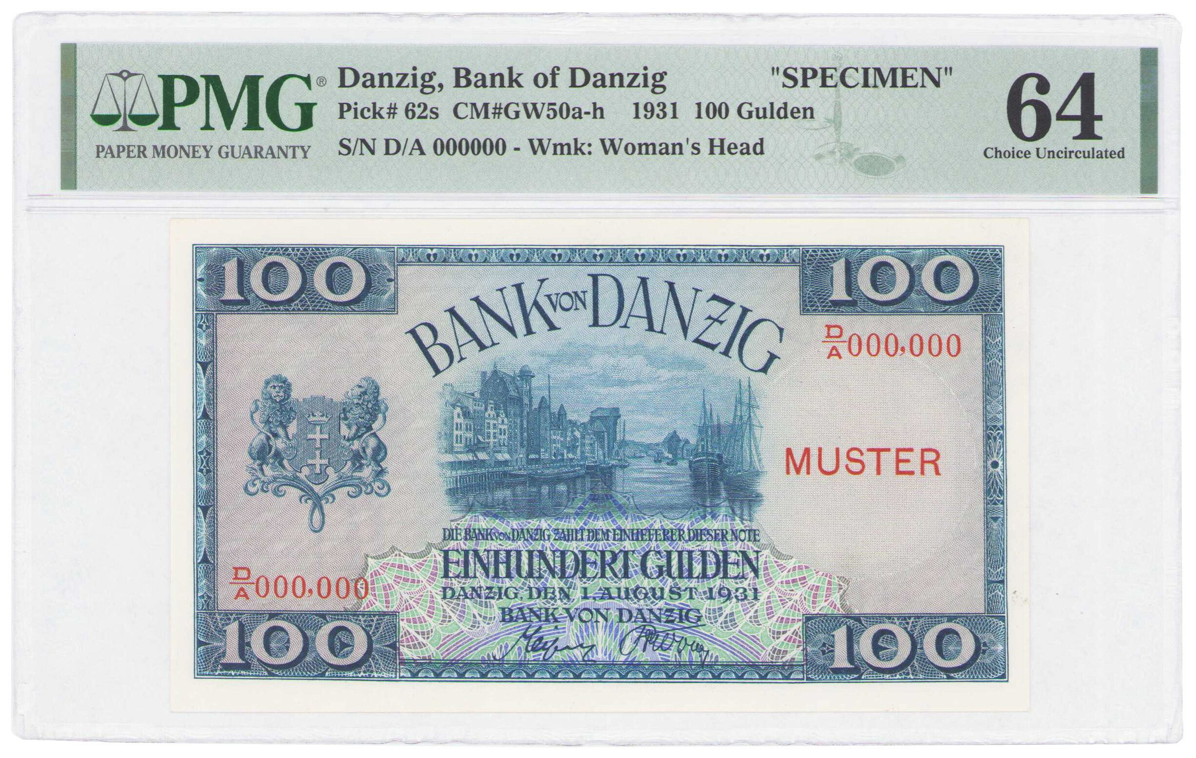 Wolne Miasto Gdańsk. MUSTER/SPECIMEN. 100 guldenów 1931 seria D/A numeracja zerowa, PMG 64 - RZADKIE