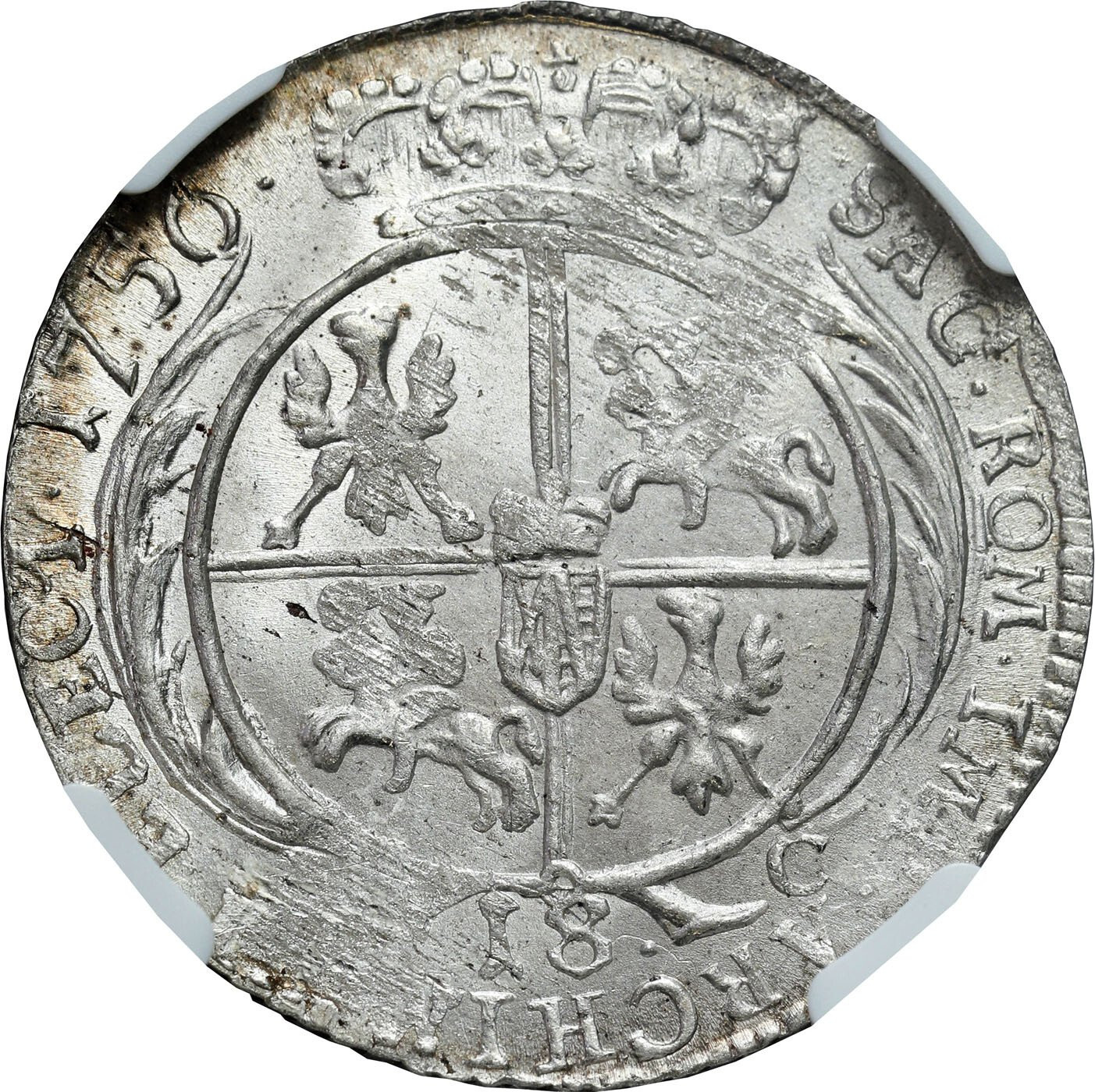 August III Sas. Ort (18 groszy) 1756 Lipsk NGC MS62 – PIĘKNY
