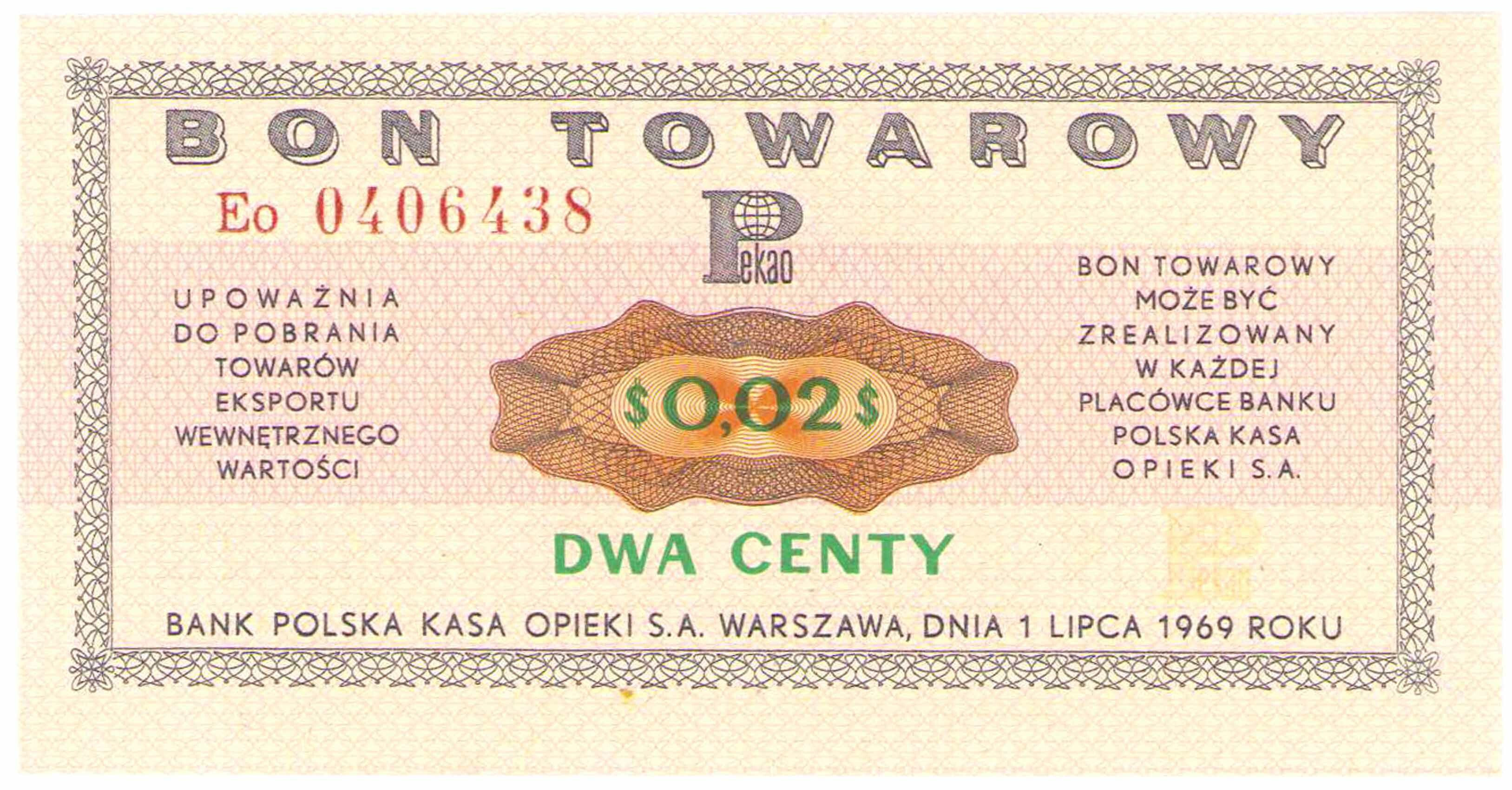Bon towarowy PEKAO na 2 centy 1969 seria Eo - PIĘKNE