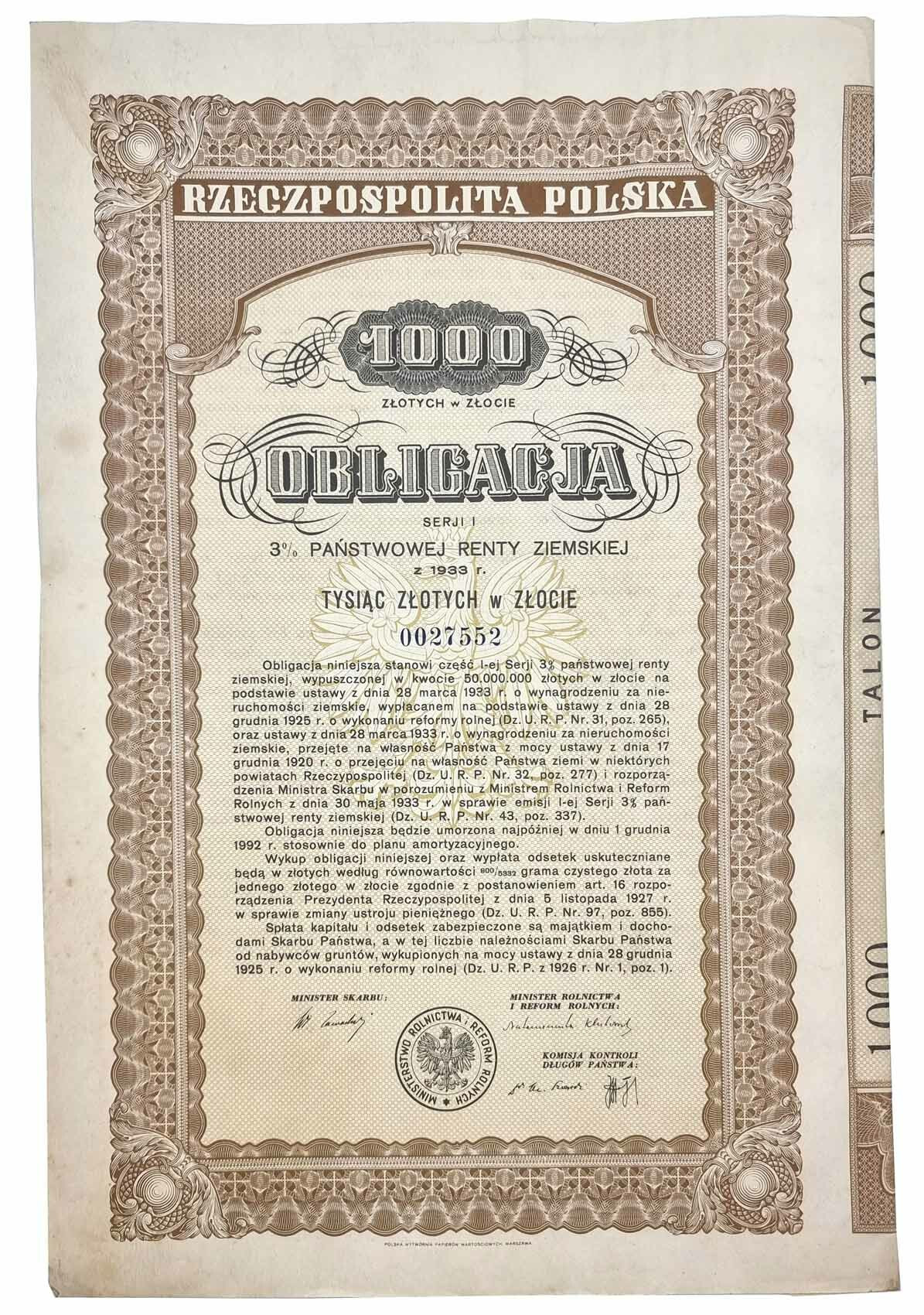  Obligacja 3 % Państwowej Renty Ziemskiej na 1.000 złotych w złocie 1933, Warszawa – RZADKA