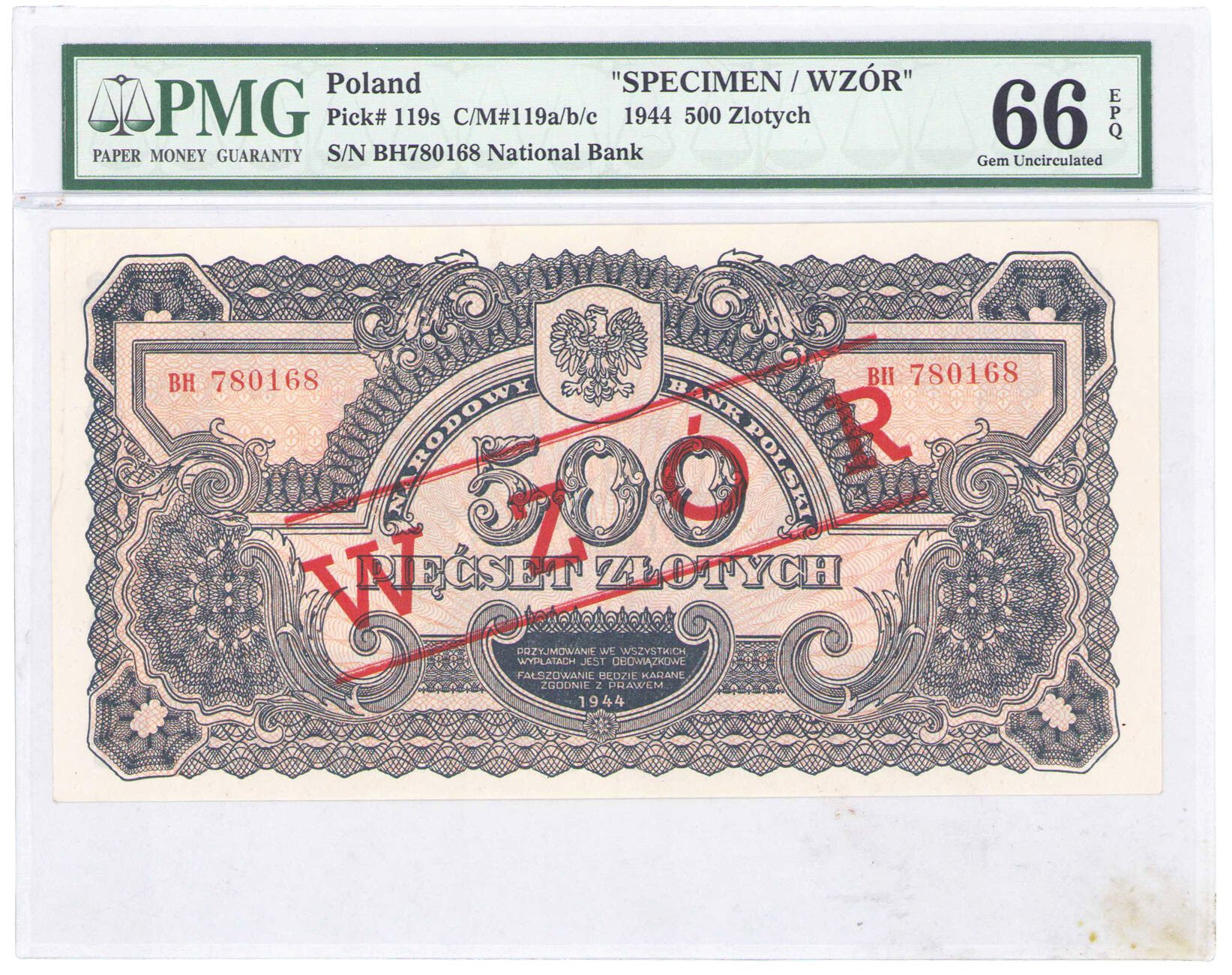 WZÓR 500 złotych 1944 seria BH - OBOWIĄZKOWE - PMG 66 EPQ (MAX) - RZADKOŚĆ R6