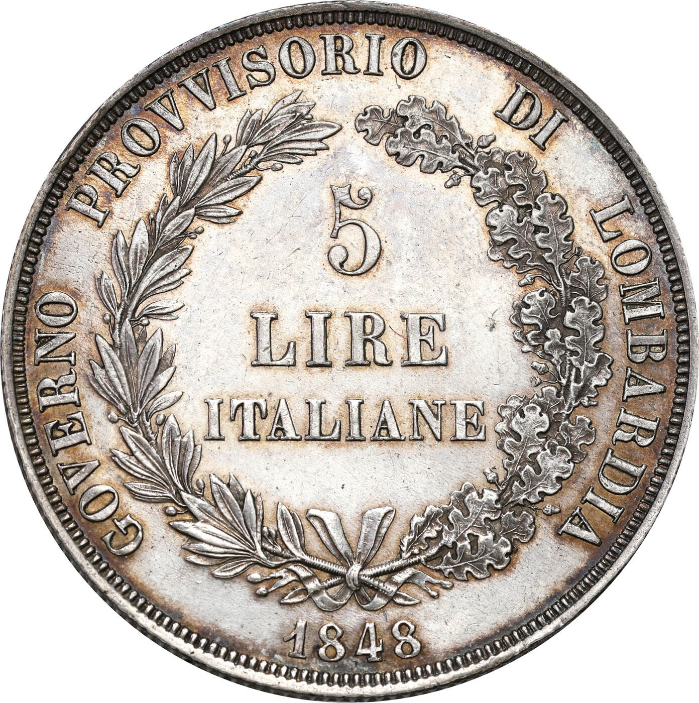 Włochy. Lombardia. 5 Lirów 1848 M, Mediolan - ŁADNE