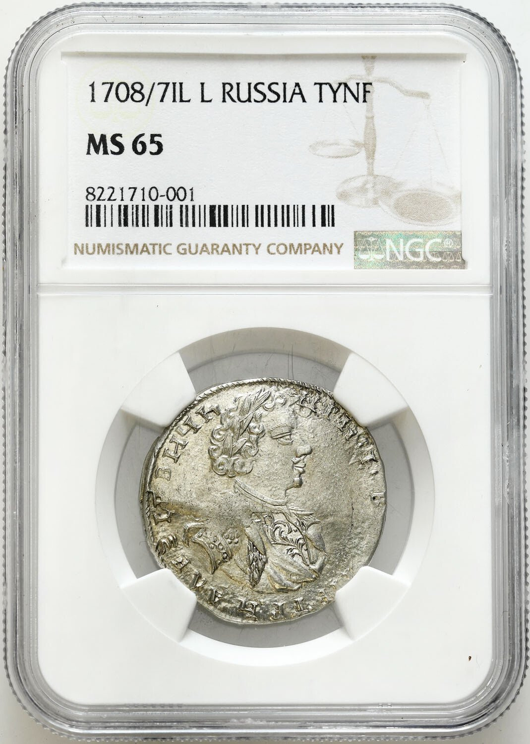 Rosja, Piotr I. Tynf (tymf) 1708 przebitka z 1707 IL-L, NGC MS65 (MAX) -  RZADKOŚĆ