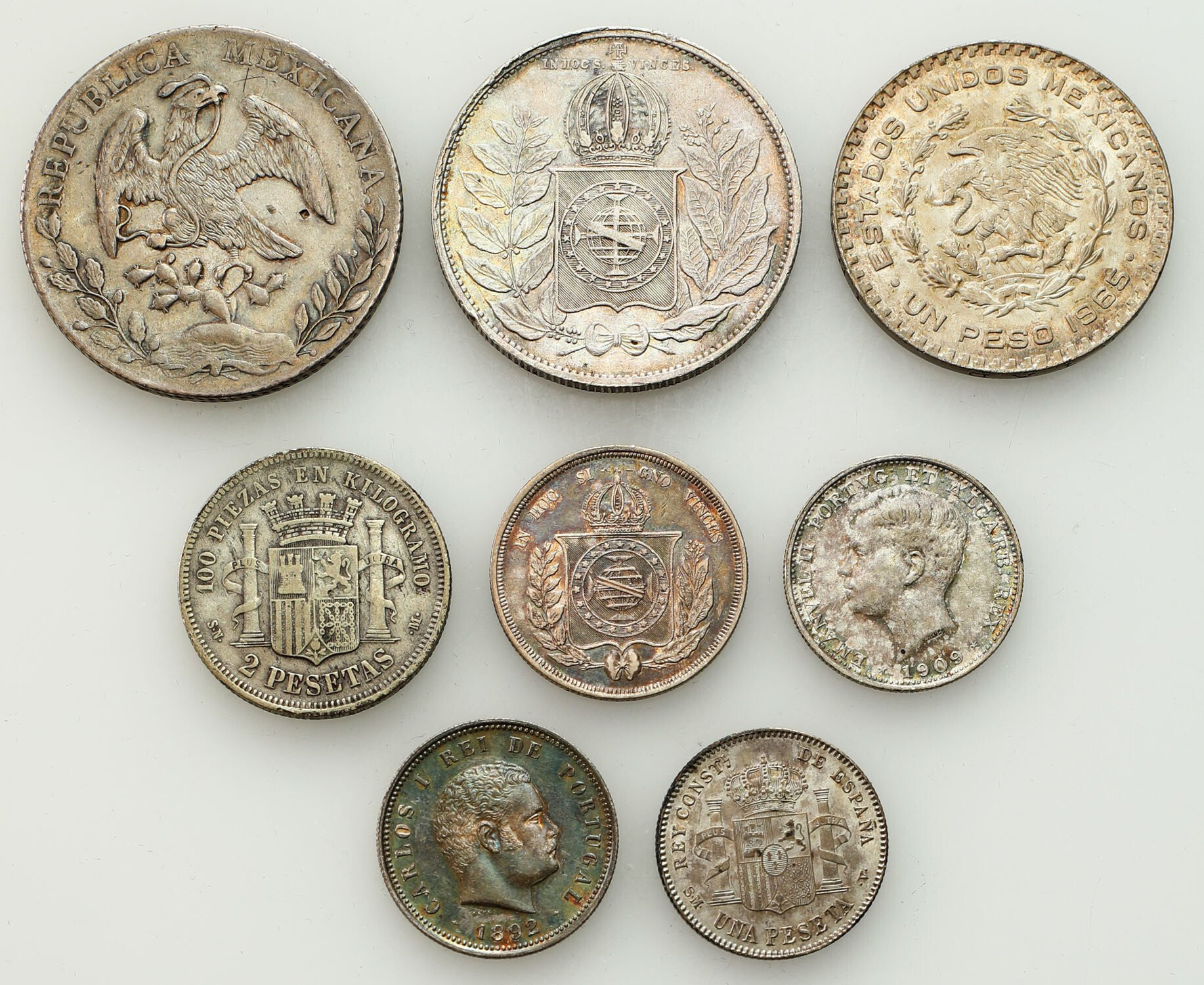 Meksyk, Portugalia, Brazylia. Monety srebrne, zestaw 8 sztuk