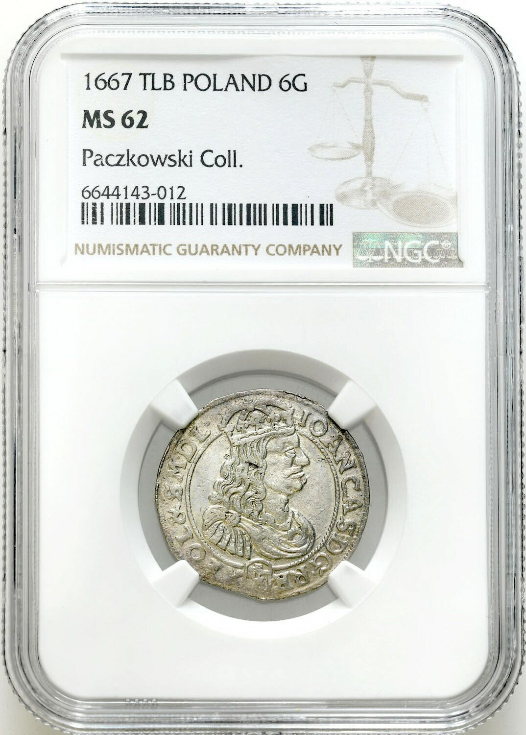 Jan II Kazimierz. Szóstak (6 groszy) 1667 TLB, Bydgoszcz NGC MS62 - ex Pączkowski