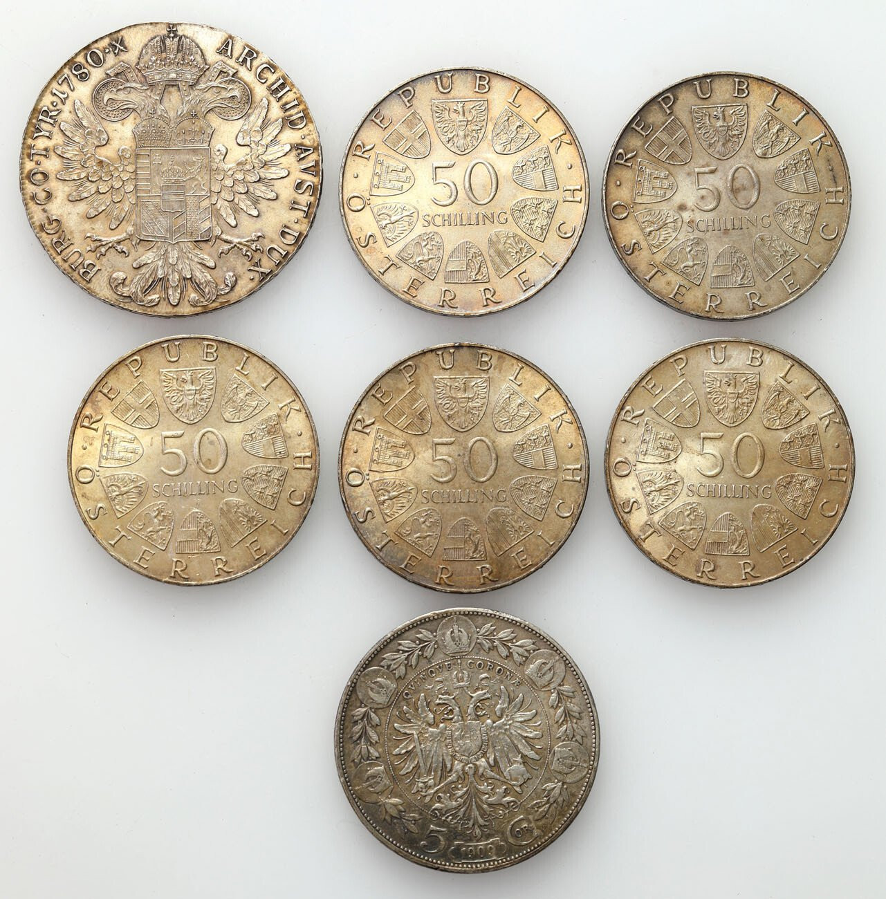 Austria. 5 koron, talar, 50 szylingów, zestaw 7 monet, srebro