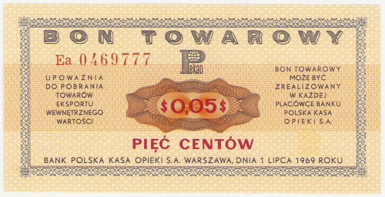 Bank PEKAO S.A. Bon na 5 centów 1969 seria Ea 